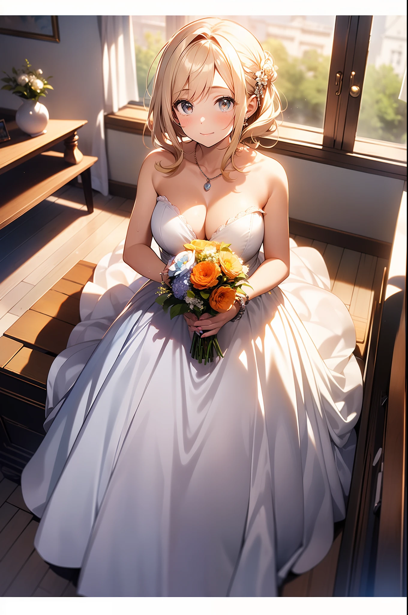 in 8K、top-quality、​masterpiece、ultra-detailliert、Ultra-high resolution、((1 persons))、girl with、weddingdress、a blond、cleavage of the breast、bare shoulders​、makeups、A bracelet、Pendants、florals、bouquet