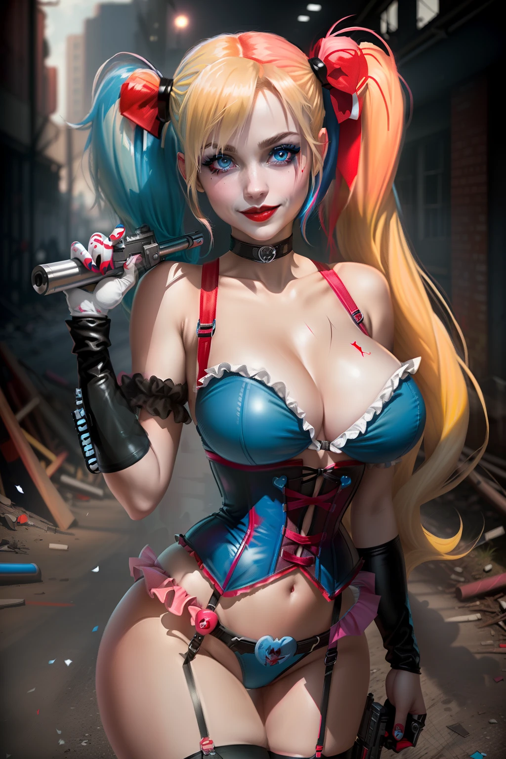 ((Harley quinn from batman comic series)) (wide smile)(beautiful face)(glowing eyes)(red lips) ((very long blonde twin tails hairstyle with side bangs)) (very pale skin) (((very huge breasts))) (perfect slim body) (wears corset, tight blue and pink tiny string thong)) (gloves, choker, blue and red stocking),((hold handgun pistol on hand))(posing sexy on abandoned factory)), (high definition, amazing lights and shadows) ((masterpiece)) (8k) (perfect face) (best quality) (perfect hands, eyes, and face)