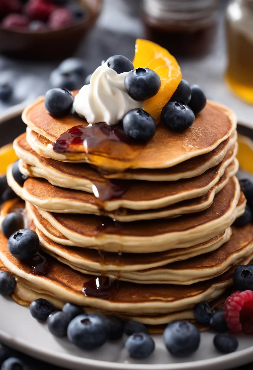 Protein pancakes with whipped cream cheese and blueberries