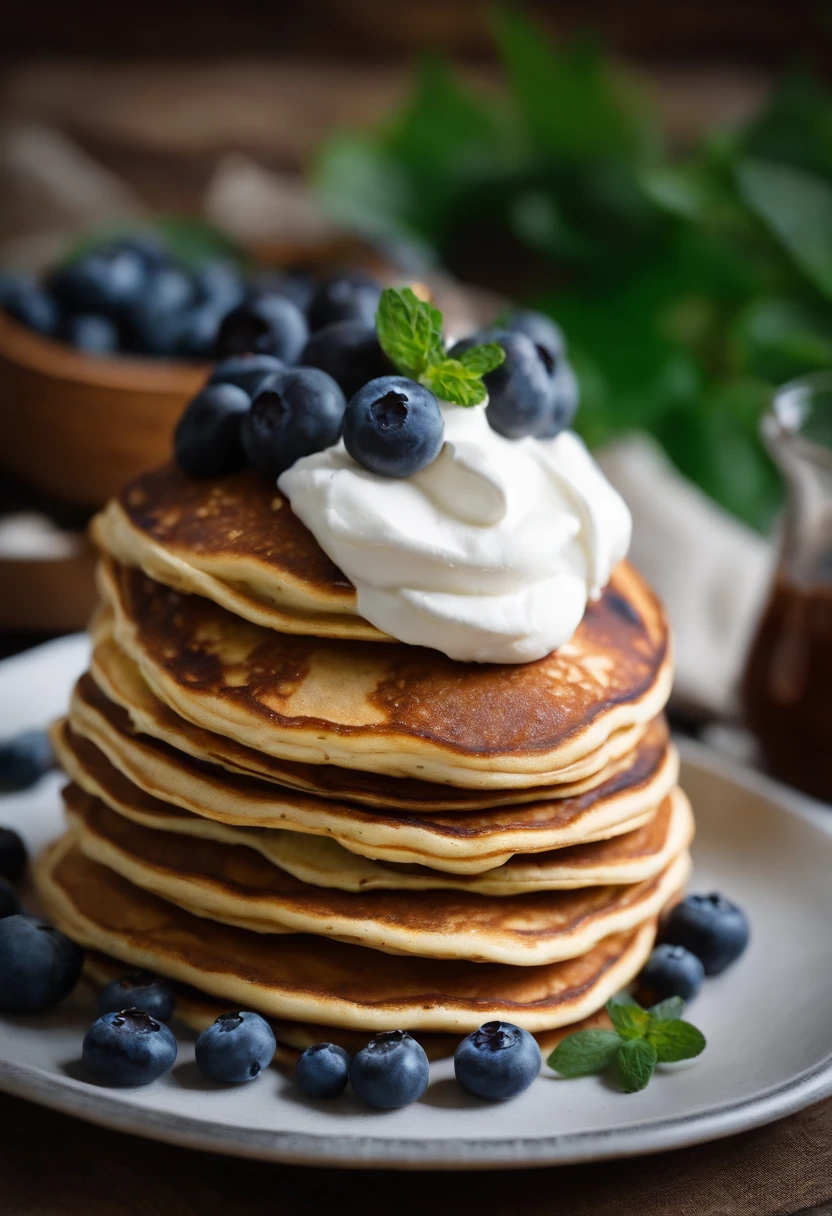 Protein pancakes with whipped cream cheese and blueberries
