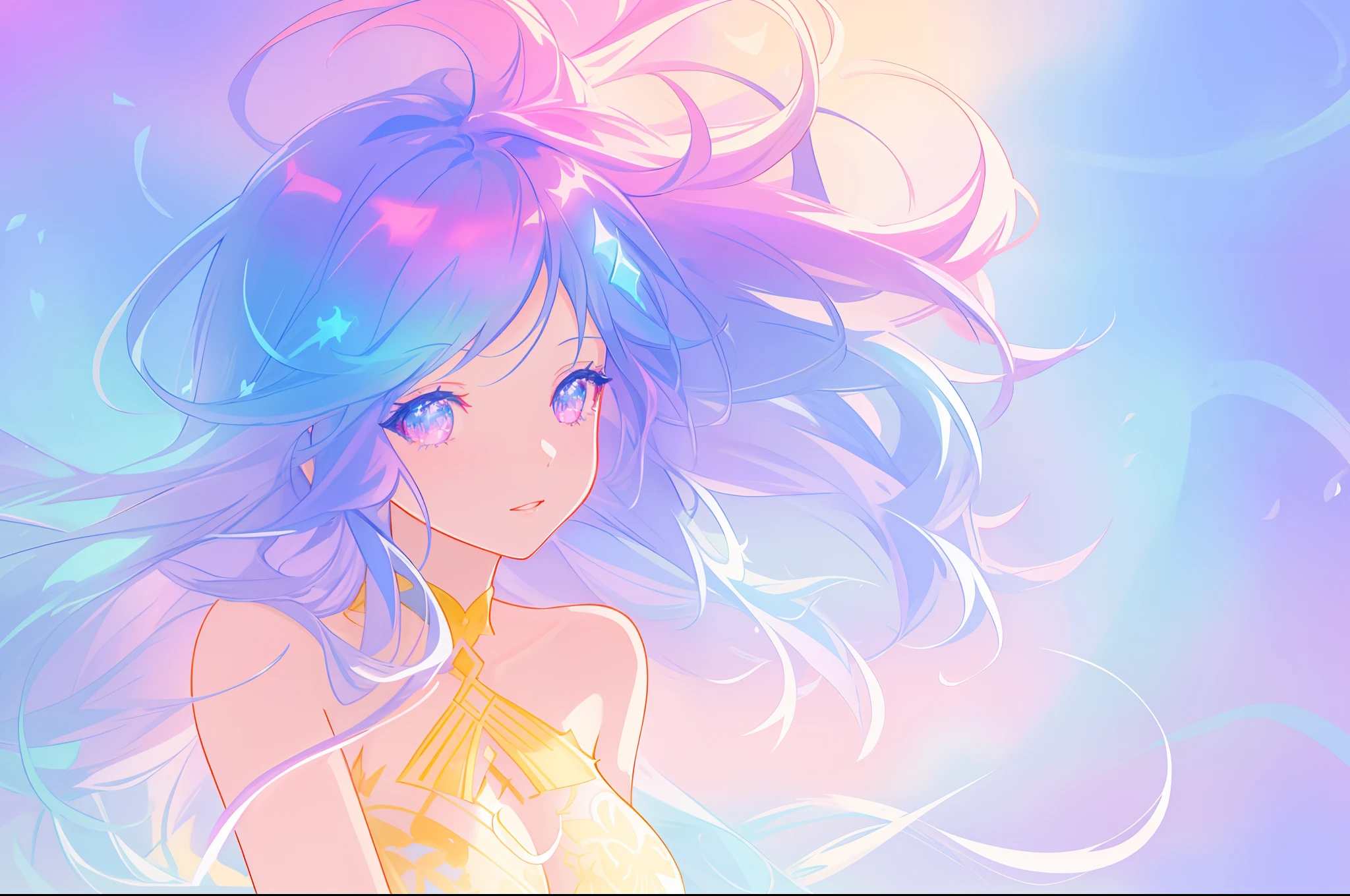 beautiful anime girl, portrait, vibrant pastel colors, (colorful), magical lights, long flowing colorful hair, inspired by Glen Keane, inspired by Lois van Baarle, disney art style, by Lois van Baarle, glowing aura around her, by Glen Keane, jen bartel, glowing lights! digital painting, flowing glowing hair, glowing flowing hair, beautiful digital illustration, fantasia background, whimsical, magical, fantasy, beautiful face, ((masterpiece, best quality)), intricate details, highly detailed, sharp focus, 8k resolution, sparkling detailed eyes, liquid watercolor