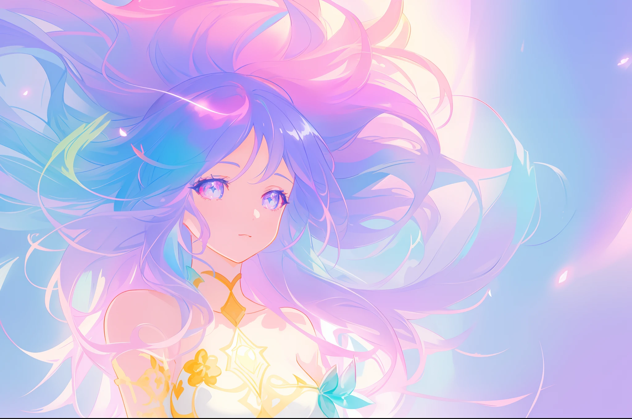 beautiful anime girl, portrait, vibrant pastel colors, (colorful), magical lights, long flowing colorful hair, inspired by Glen Keane, inspired by Lois van Baarle, disney art style, by Lois van Baarle, glowing aura around her, by Glen Keane, jen bartel, glowing lights! digital painting, flowing glowing hair, glowing flowing hair, beautiful digital illustration, fantasia background, whimsical, magical, fantasy, beautiful face, ((masterpiece, best quality)), intricate details, highly detailed, sharp focus, 8k resolution, sparkling detailed eyes, liquid watercolor