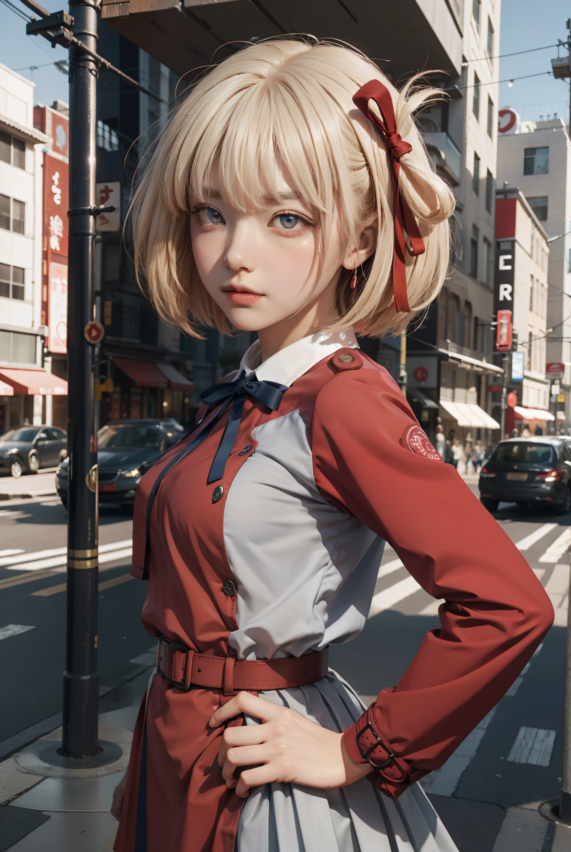 chisatonishikigi, nishikigi chisato, short hair, bangs, blonde hair, (red eyes:1.5), hair ribbon, one side up, bob cut,
BREAK shirt, long sleeves, dress, ribbon, white shirt, collared shirt, belt, neck ribbon, red dress, blue ribbon, pleated dress, grey dress, two-tone dress, red belt, lycoris uniform,,
BREAK outdoors, city,
BREAK looking at viewer, BREAK (masterpiece:1.2), best quality, high resolution, unity 8k wallpaper, (illustration:0.8), (beautiful detailed eyes:1.6), extremely detailed face, perfect lighting, extremely detailed CG, (perfect hands, perfect anatomy),