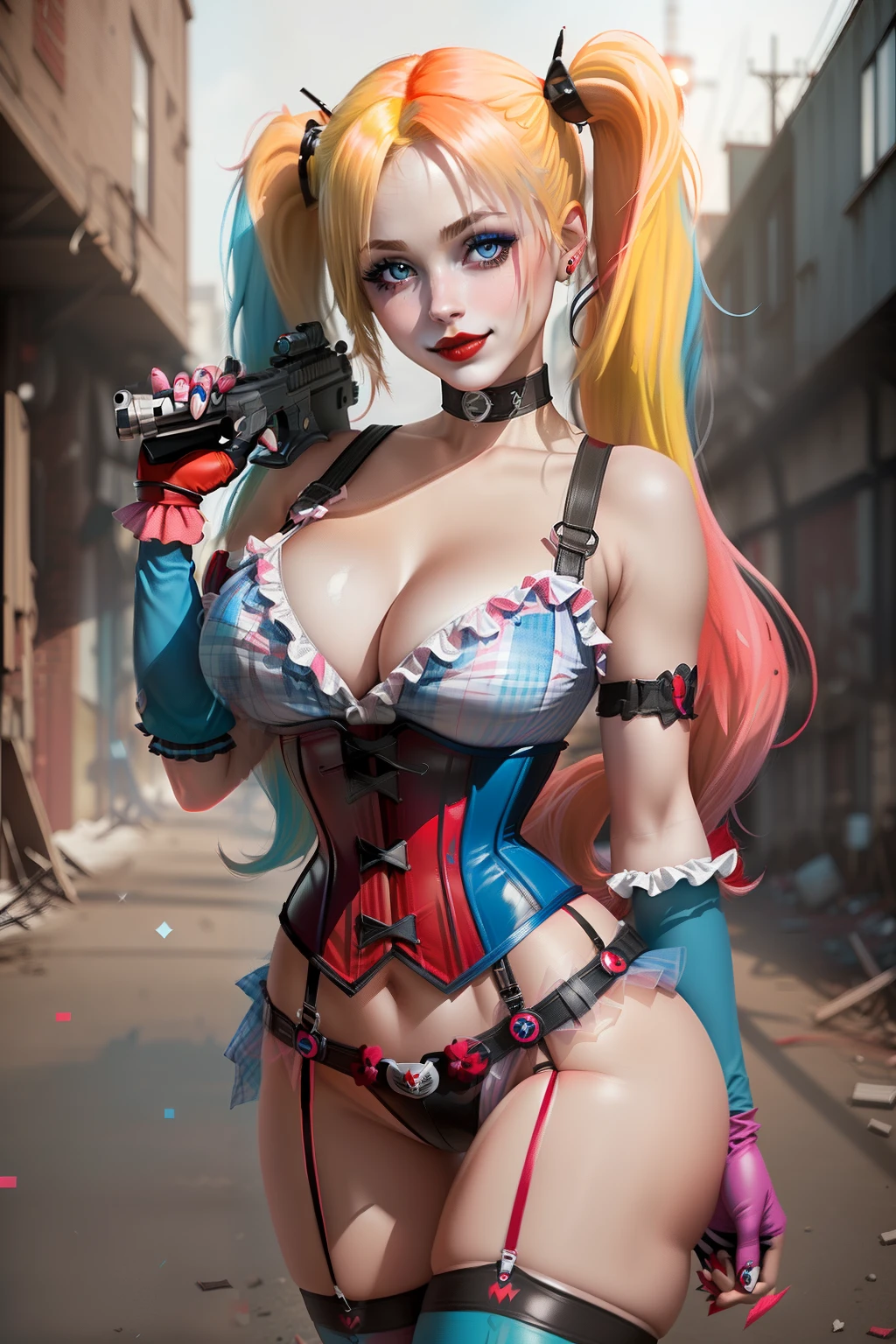 ((Harley quinn from batman comic series)) (wide smile)(beautiful face)(glowing eyes)(red lips) ((very long blonde twin tails hairstyle with side bangs)) (very pale skin) (((very huge breasts))) (perfect slim body) (wears corset, tight blue and pink tiny string thong)) (gloves, choker, blue and red stocking),((hold handgun pistol on hand))(posing sexy on abandoned factory)), (high definition, amazing lights and shadows) ((masterpiece)) (8k) (perfect face) (best quality) (perfect hands, eyes, and face)