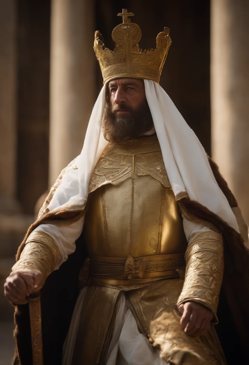 an image that portrays Baldwin, the leper king of Jerusalem, with his face covered by a white and gold mask, his royal robes and mantle are white and with gold adornments giving an appearance of grandeur, riding a horse with just his knees, with his True Cross in the background, symbolizing his victory in the battle against Saladin, (Rembrandt Lighting), Lente Zeiss, ultra realistic, (Alto Detalhe da Pele: 1.2), 8k UHD, DSLR, Dramatic Rim light, alta qualidade, Fujifilm XT3