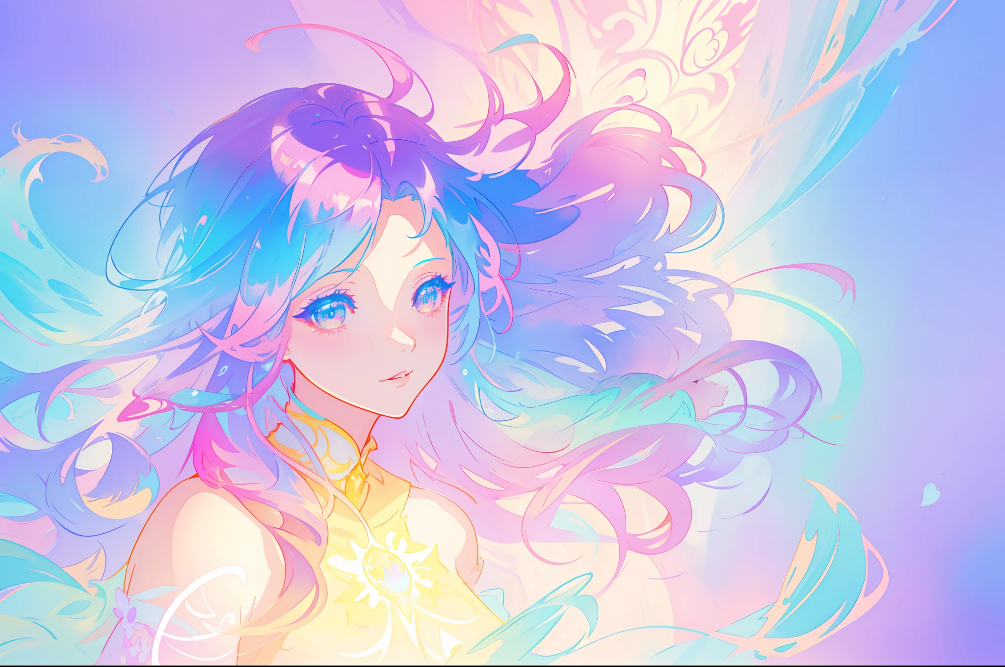 beautiful anime girl, portrait, vibrant pastel colors, (colorful), magical lights, long flowing colorful hair, inspired by Glen Keane, inspired by Lois van Baarle, disney art style, by Lois van Baarle, glowing aura around her, by Glen Keane, jen bartel, glowing lights! digital painting, flowing glowing hair, glowing flowing hair, beautiful digital illustration, fantasia background, whimsical, magical, fantasy, beautiful face, ((masterpiece, best quality)), intricate details, highly detailed, sharp focus, 8k resolution, sparkling detailed eyes, liquid watercolor