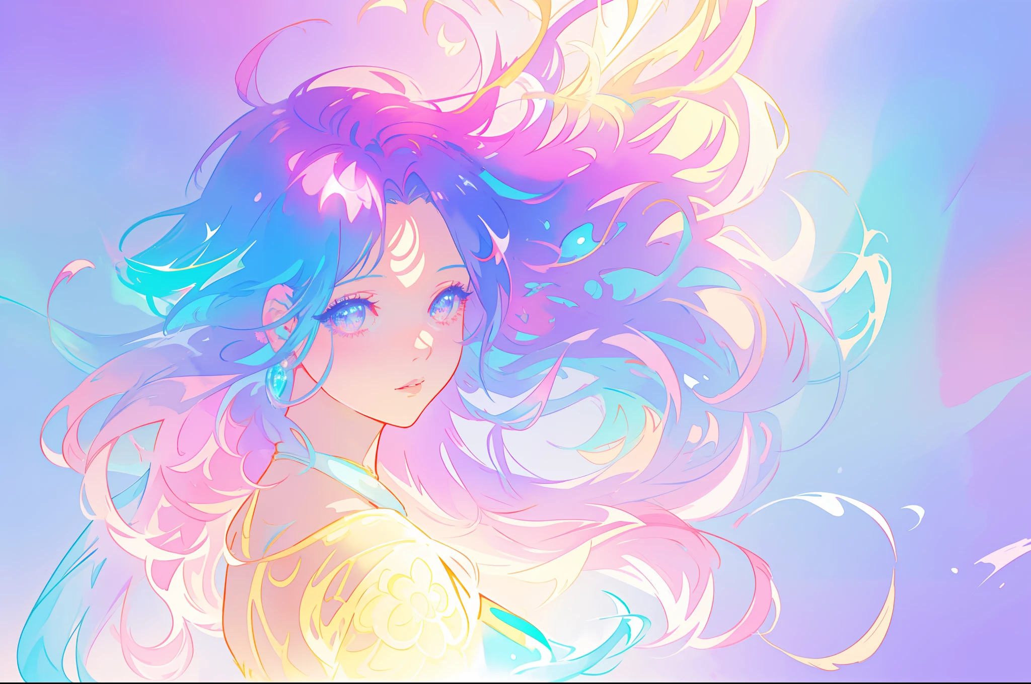beautiful anime girl, portrait, vibrant pastel colors, (colorful), magical lights, long flowing colorful hair, inspired by Glen Keane, inspired by Lois van Baarle, disney art style, by Lois van Baarle, glowing aura around her, by Glen Keane, jen bartel, glowing lights! digital painting, flowing glowing hair, glowing flowing hair, beautiful digital illustration, fantasia background, whimsical, magical, fantasy, beautiful face, ((masterpiece, best quality)), intricate details, highly detailed, sharp focus, 8k resolution, sparkling detailed eyes, liquid watercolor