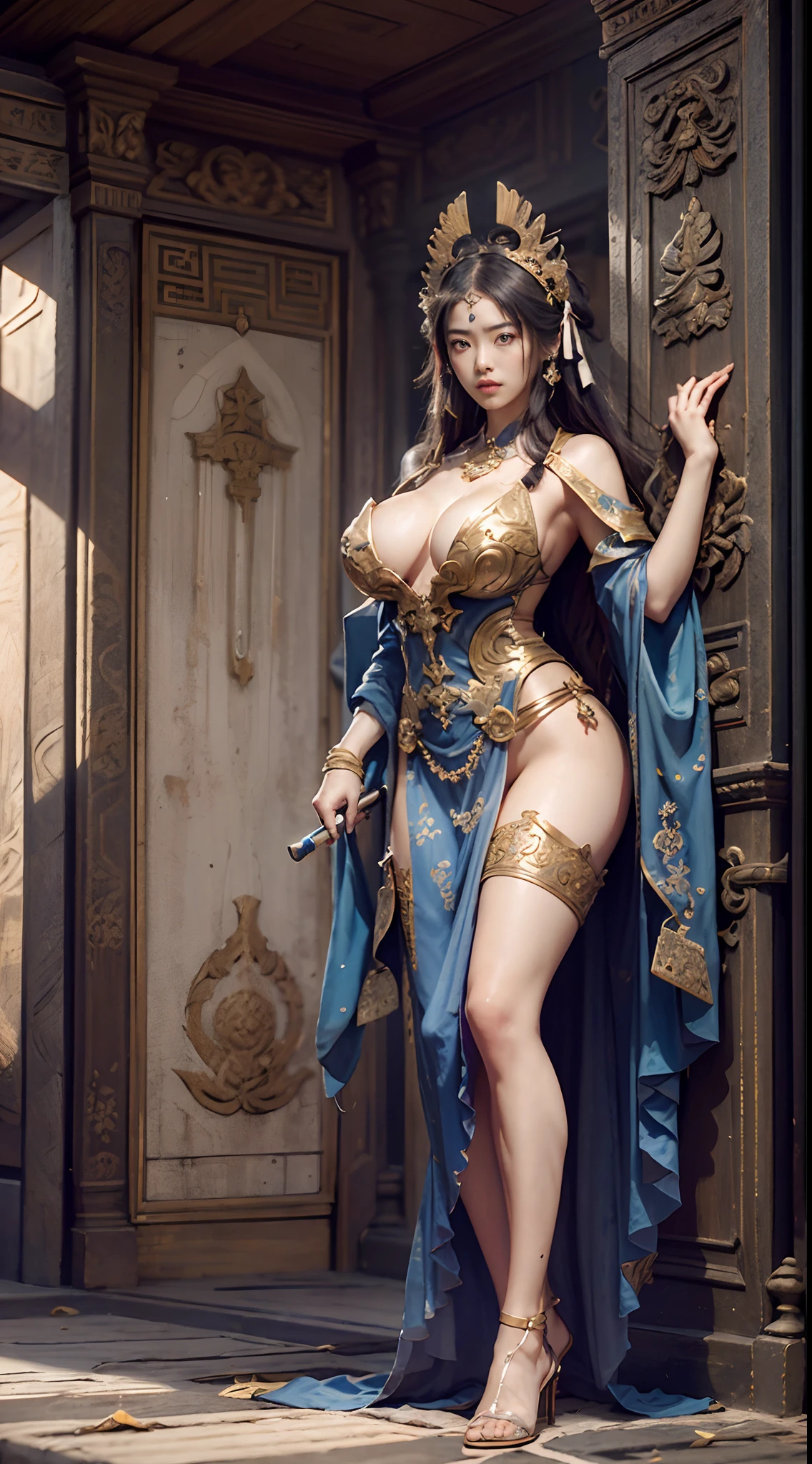 (((full body shot))), A Chinese sinister girl, seven-doppelganger shot, (Oriental Ancient Battlefield: 1.2), (weapon in hand: 1.2), vampire fangs, extreme quality, Cg unity 8k, super delicate, background blur, full depth of field, HDR high dynamics, real restoration, intricate and extreme detail, perfectly presenting the style of midjourney art. realistic, elegant, goddess, surrealism, high detail, supremacy, cinematic lighting, ray tracing, shadow, uhd, retina, masterpiece, ccurate, anatomically correct, textured skin, super detail, high detail, high quality, high quality, award-winning, best quality, high resolution, 1080P, 16k, 8k, 4K, HD, Swollen breasts,crisp breasts,Breasts during lactation,Lactation, Gigantic breasts, Heavy breasts, no bra