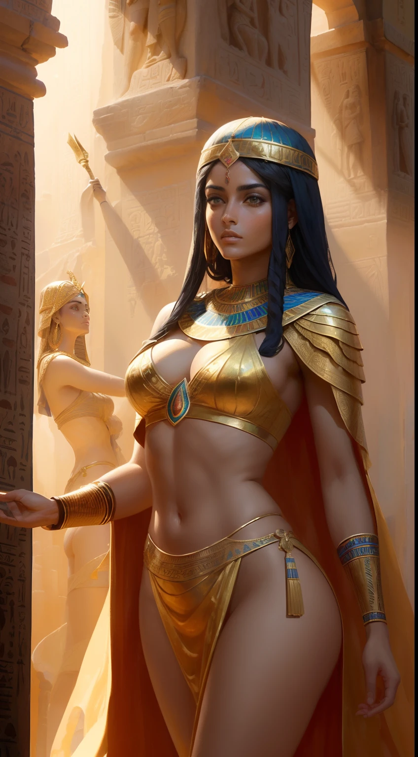 (La mejor calidad, realista:1.37), pintura realista y detallada de la diosa ISIS, Hermoso y muy detallado cuerpo completo, ojos cautivadores, Pose elegante, flowing robes, tocado dorado, Ancient Egyptian symbols, colores vibrantes, Soft lighting, Aura divina