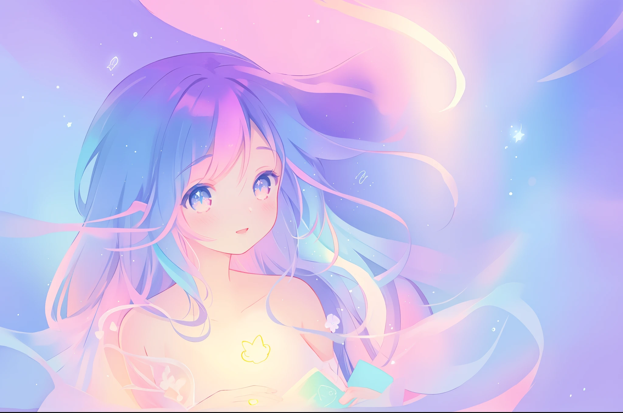 beautiful anime girl, portrait, vibrant pastel colors, (colorful), magical lights, long flowing colorful hair, inspired by Glen Keane, inspired by Lois van Baarle, disney art style, by Lois van Baarle, glowing aura around her, by Glen Keane, jen bartel, glowing lights! digital painting, flowing glowing hair, glowing flowing hair, beautiful digital illustration, fantasia background, whimsical, magical, fantasy, beautiful face, ((masterpiece, best quality)), intricate details, highly detailed, sharp focus, 8k resolution, sparkling detailed eyes, liquid watercolor