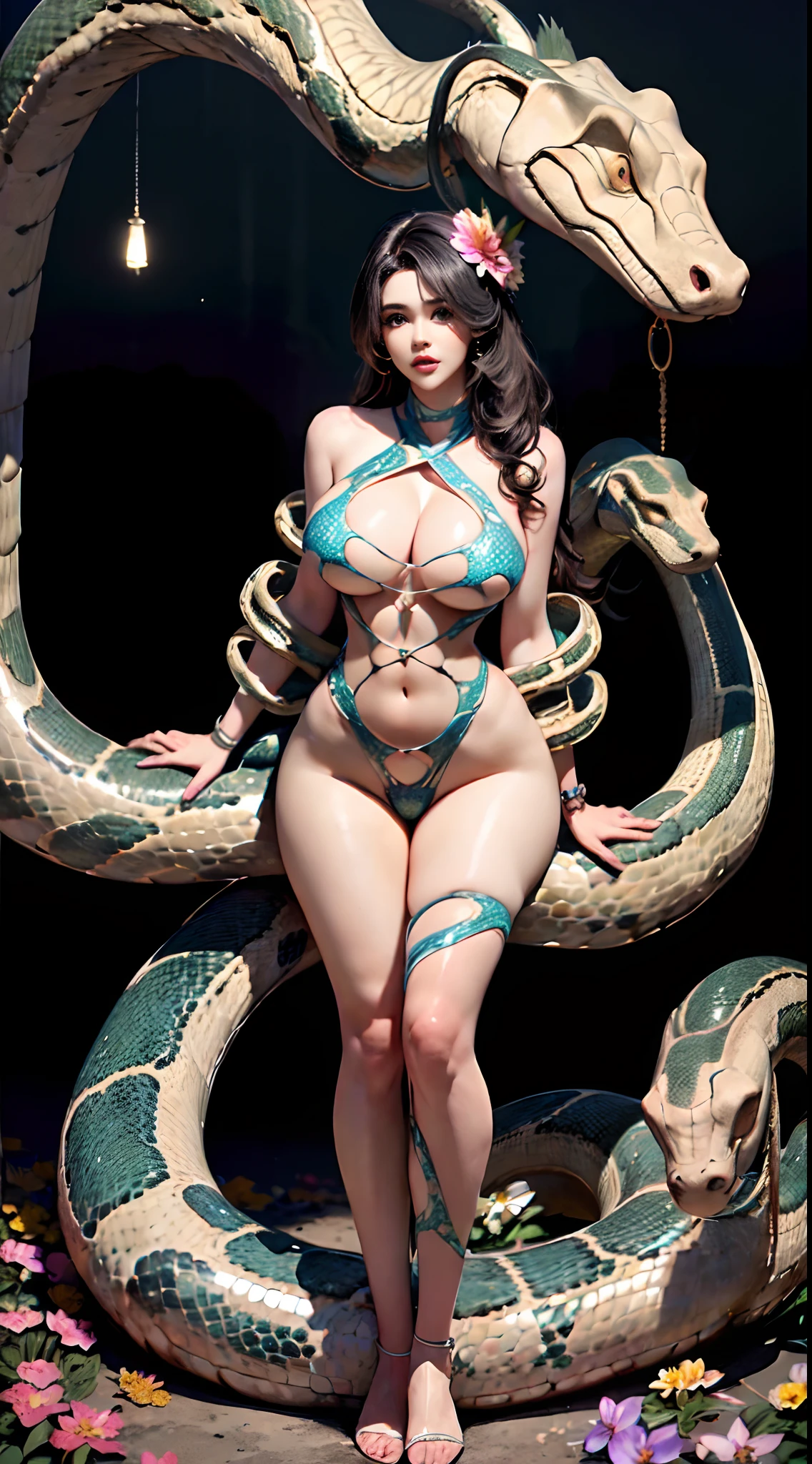 (incarnation of snake:1.4),lake side,(wavy hair fused with flower:1.4),(long snake entangled in the body:1.4),(snake scales around body:1.4),(beautiful appearance),praying,masterpiece:1.4,best quality,COILS,hourglass body shape