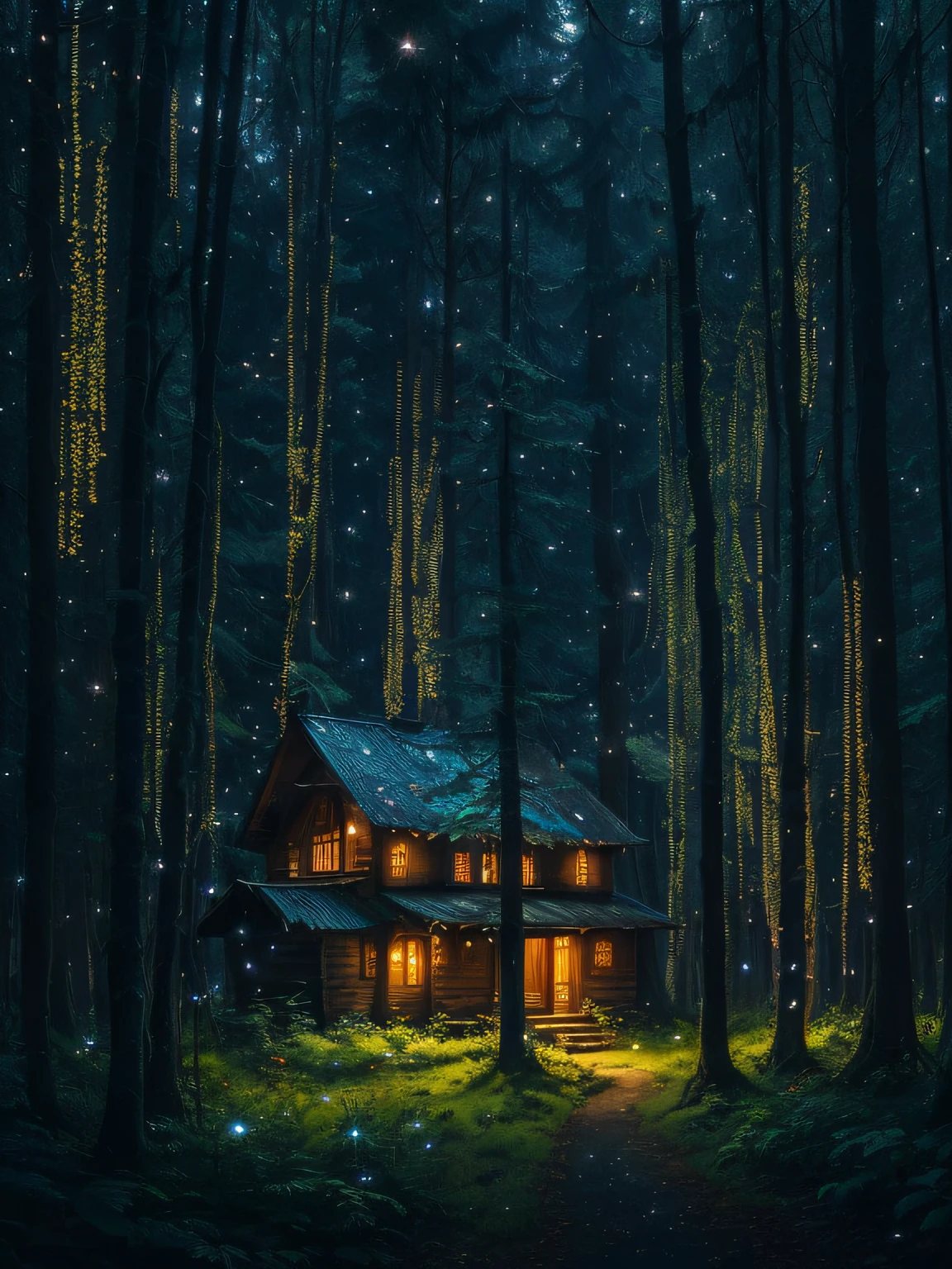 "arcane、Deep in the quiet forest,There is a wooden house,There are countless twinkling fireflies and gorgeous flowers,s it's like entering a claustrophobic world。" --auto