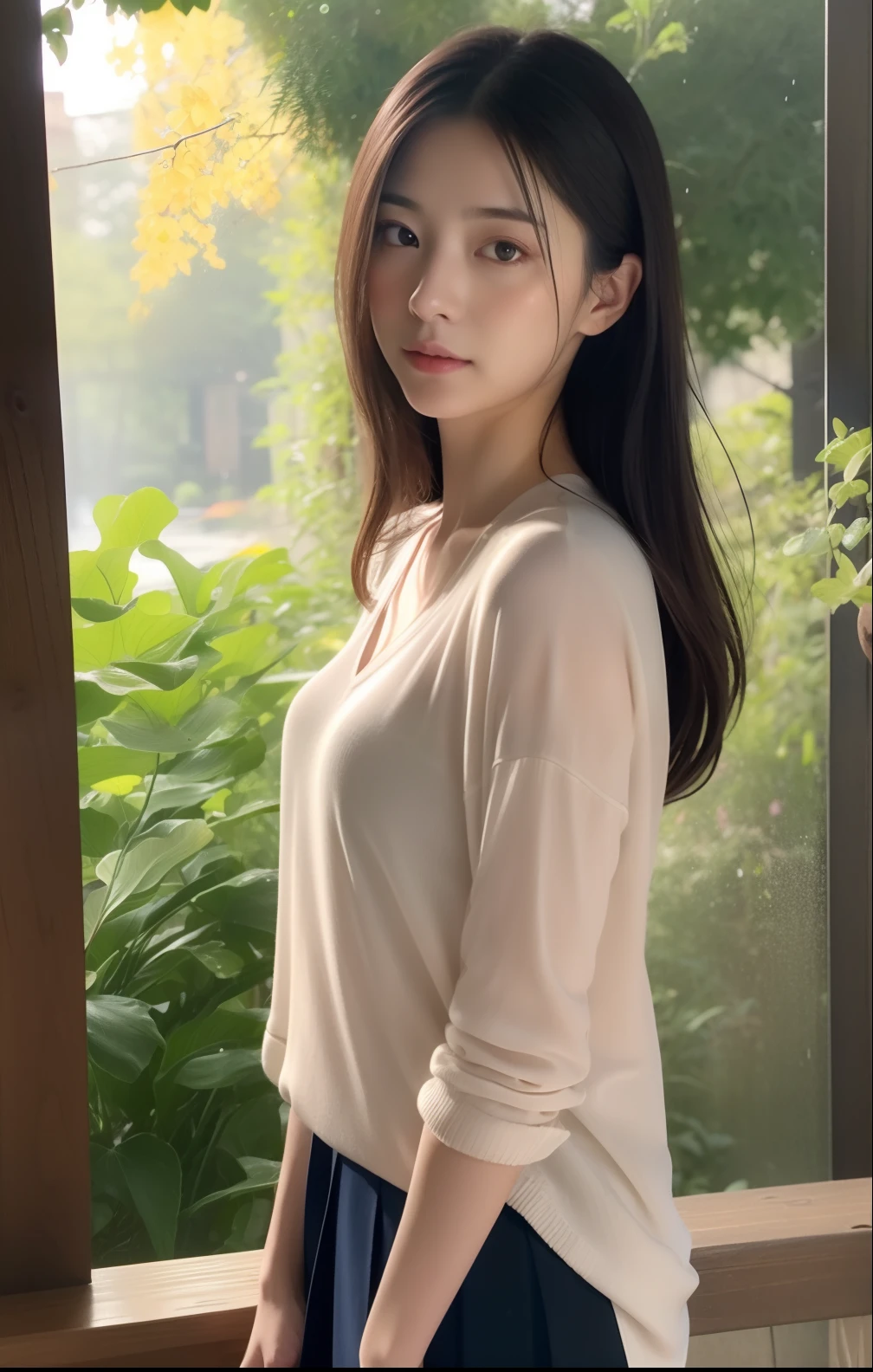 insanely Beautiful 18yr old japanese seductive female、red blush、、lob hair、校服、Thin blouse、Navy skirt、slenderbody、skiny body、Hourglass body、Slim waist、slim limb、slim hip、pale-skinned、Outdoor bench、rainy day、、wet sheer clothes、wet、a wet body、wetted skin、、wet、natural soft light、clean detailed faces、、photographrealistic、depth of fields、 Clean picture、beautidful eyes、hightquality、high detailing、high-detail、Luminous Studio graphics engine、unrealengine5、nffsw、masuter piece、sitted