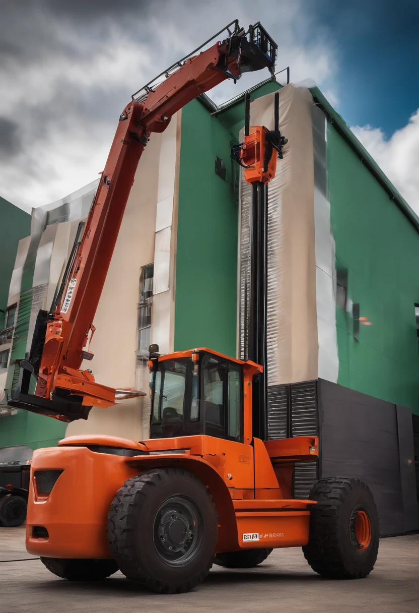 Forklift erecting a building