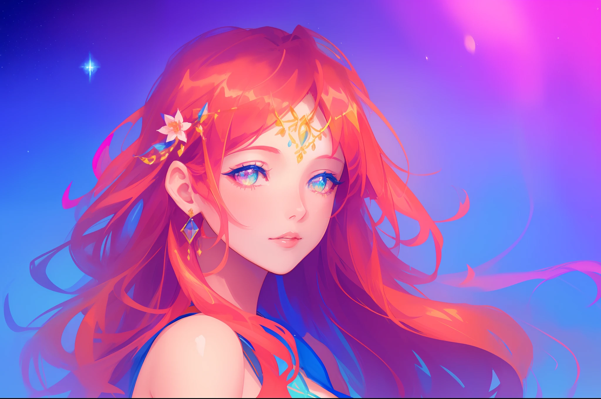 beautiful girl portrait, vibrant pastel colors, (colorful), magical lights, long flowing red hair, inspired by Glen Keane, inspired by Lois van Baarle, disney art style, by Lois van Baarle, glowing aura around her, by Glen Keane, jen bartel, glowing lights! digital painting, flowing glowing hair, glowing flowing hair, beautiful digital illustration, fantasia background, whimsical, magical, fantasy, beautiful face, ((masterpiece, best quality)), intricate details, highly detailed, sharp focus, 8k resolution, sparkling detailed eyes, liquid watercolor, golden ratio, flowers in her hair