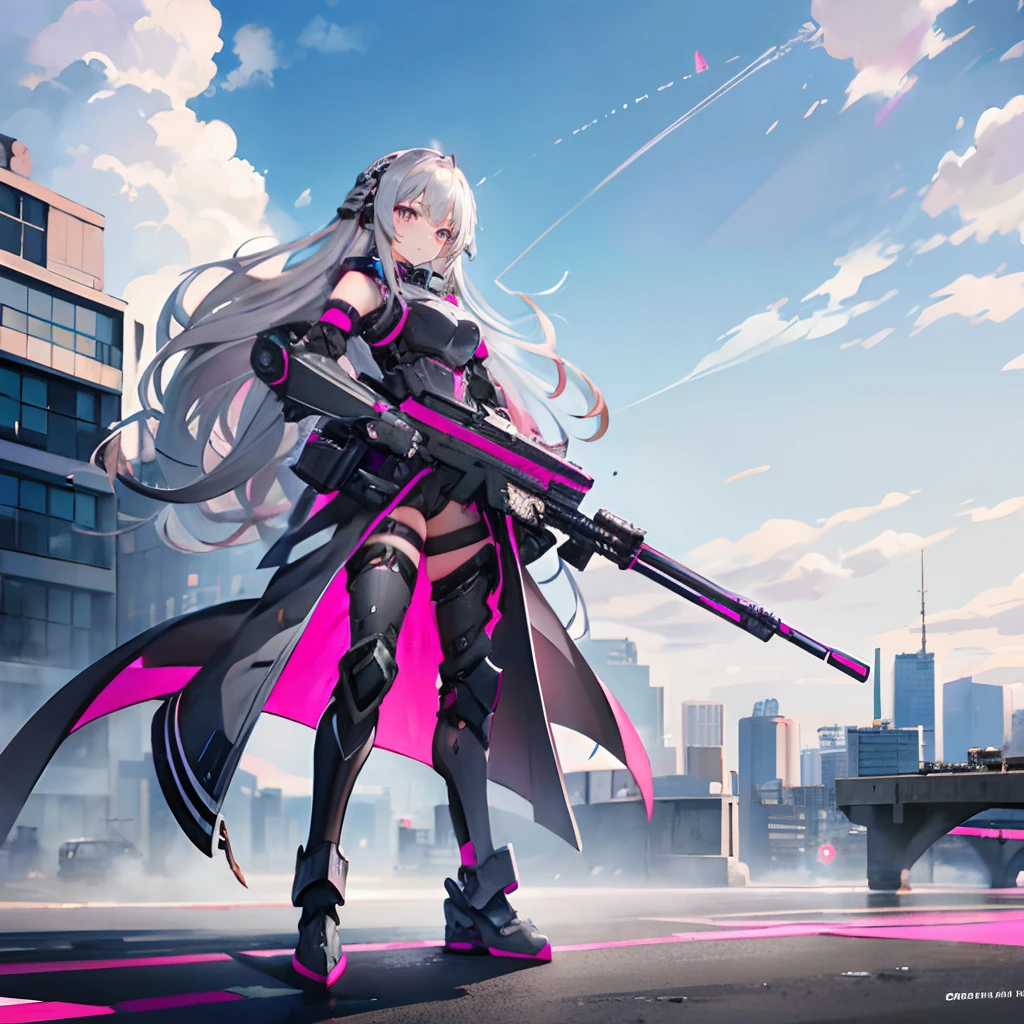 Silver-gray hair，Pink-brown eyes，long whitr hair，curlies，adolable，teens girl，High-tech armored weapons，Weapon in hand，frontage，frontal photos，full-body photo on the front，All body，Background city，with blue sky and white clouds