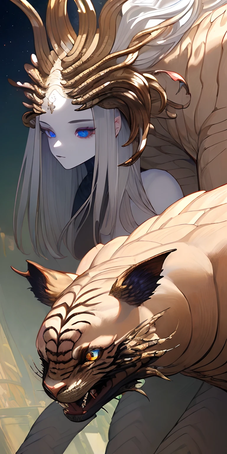 (((masterpiece))), (((best quality))), ((ultra-detailed)), (highly detailed CG illustration), Environmental detail, manticore with female human face, silver hair, blue eyes, pale glowing skin, inhuman beauty, gigantic