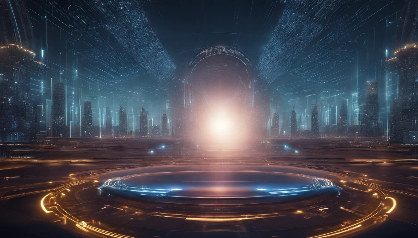 Image of futuristic digital landscape, Code lines flow in the background. in the center of Image, Present a visual representation of a highly complex AI robot, Features detailed circuitry and pulsating light effects. You are surrounded by illustrations of posts on Facebook social networks,These posts are being created and disseminated automatically. Smooth transitions connect AI to ad creation. The image conveys a sense of advanced technology and efficiency.