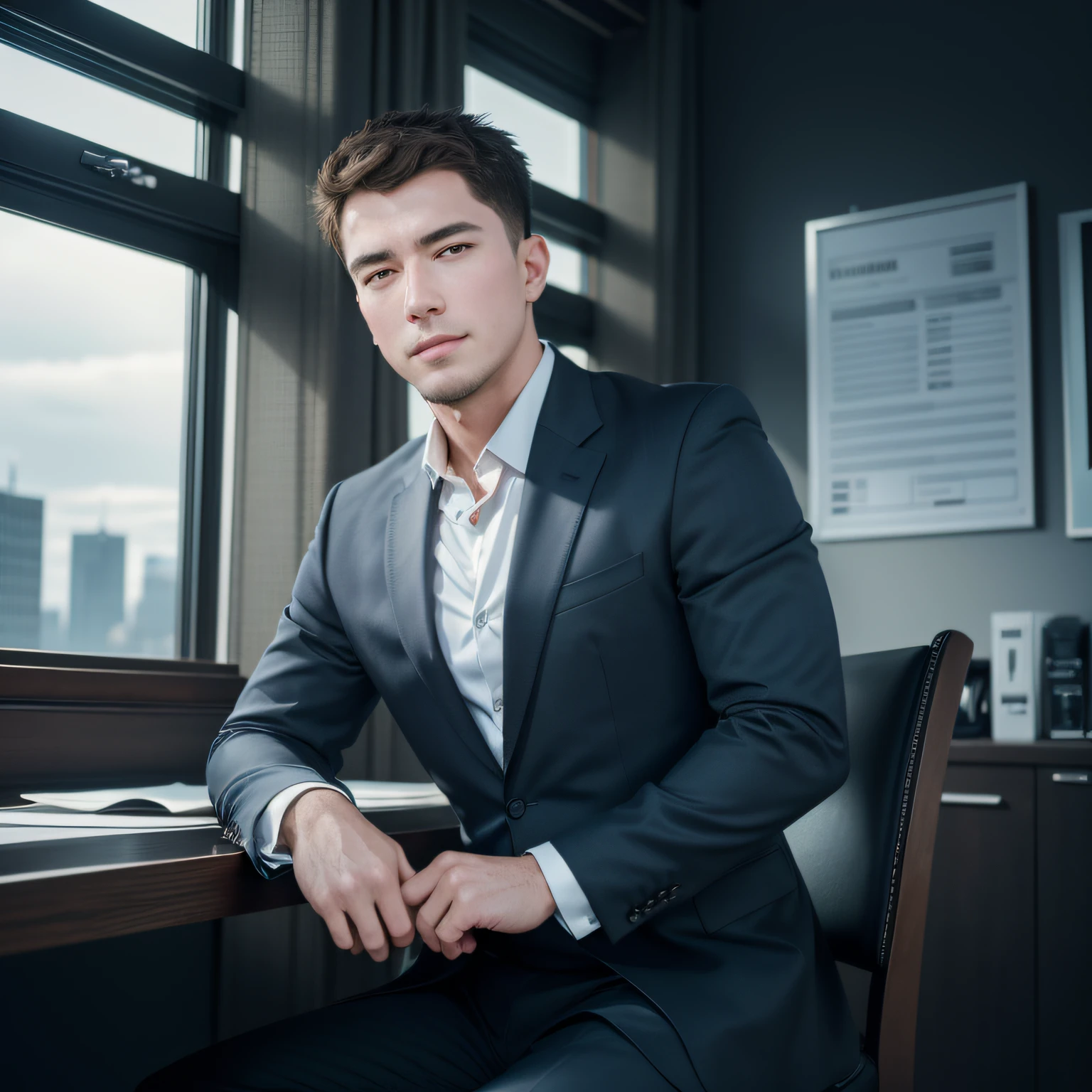 a handsome man sitting in the office,crew cut,business suit,windows,cityscape,full body,mature male,,best quality, 50mm f/2.8, photography and GQ magazine, trending on flickr masterpiece, high resolution, best quality,, realistic, realistic photo, movie photo, ultra realistic, 1 person, detailed, perfect lighting, DSRL, professional photo, 4k ,Blue lighting,smile, |, HDR, volumetric lighting, ultra quality, elegant, highly detailed , PSD, Sharp Focus, High resolution 8K, realisitic & Professional Photography, 8K UHD, Soft lighting, High quality, Film grain, FujifilmXT3,high-quality, ultra-detailed illustrations, ultra-high resolution, (high resolution,overwhelmingly pixel-perfect,luxurious illustration), (Ultra Quality, Masterpiece, Ethereal:1.4) photorealistic:.1.4, UHD (8k, RAW photo, best quality, masterpiece:1.2),(realistic, photo-realistic:1.37)