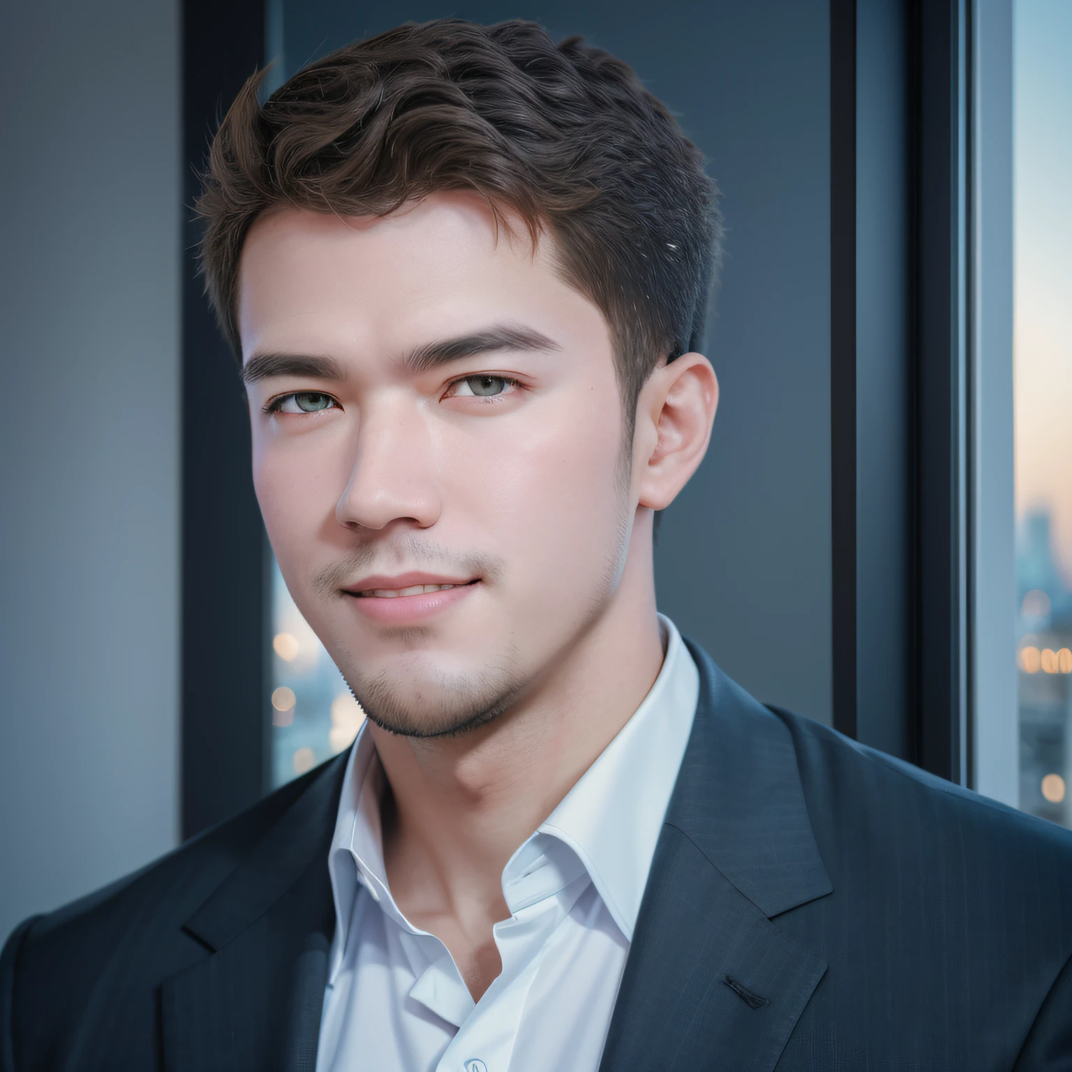 a handsome man sitting in the office,crew cut,business suit,windows,cityscape,full body,mature male,,best quality, 50mm f/2.8, photography and GQ magazine, trending on flickr masterpiece, high resolution, best quality,, realistic, realistic photo, movie photo, ultra realistic, 1 person, detailed, perfect lighting, DSRL, professional photo, 4k ,Blue lighting,smile, |, HDR, volumetric lighting, ultra quality, elegant, highly detailed , PSD, Sharp Focus, High resolution 8K, realisitic & Professional Photography, 8K UHD, Soft lighting, High quality, Film grain, FujifilmXT3,high-quality, ultra-detailed illustrations, ultra-high resolution, (high resolution,overwhelmingly pixel-perfect,luxurious illustration), (Ultra Quality, Masterpiece, Ethereal:1.4) photorealistic:.1.4, UHD (8k, RAW photo, best quality, masterpiece:1.2),(realistic, photo-realistic:1.37)