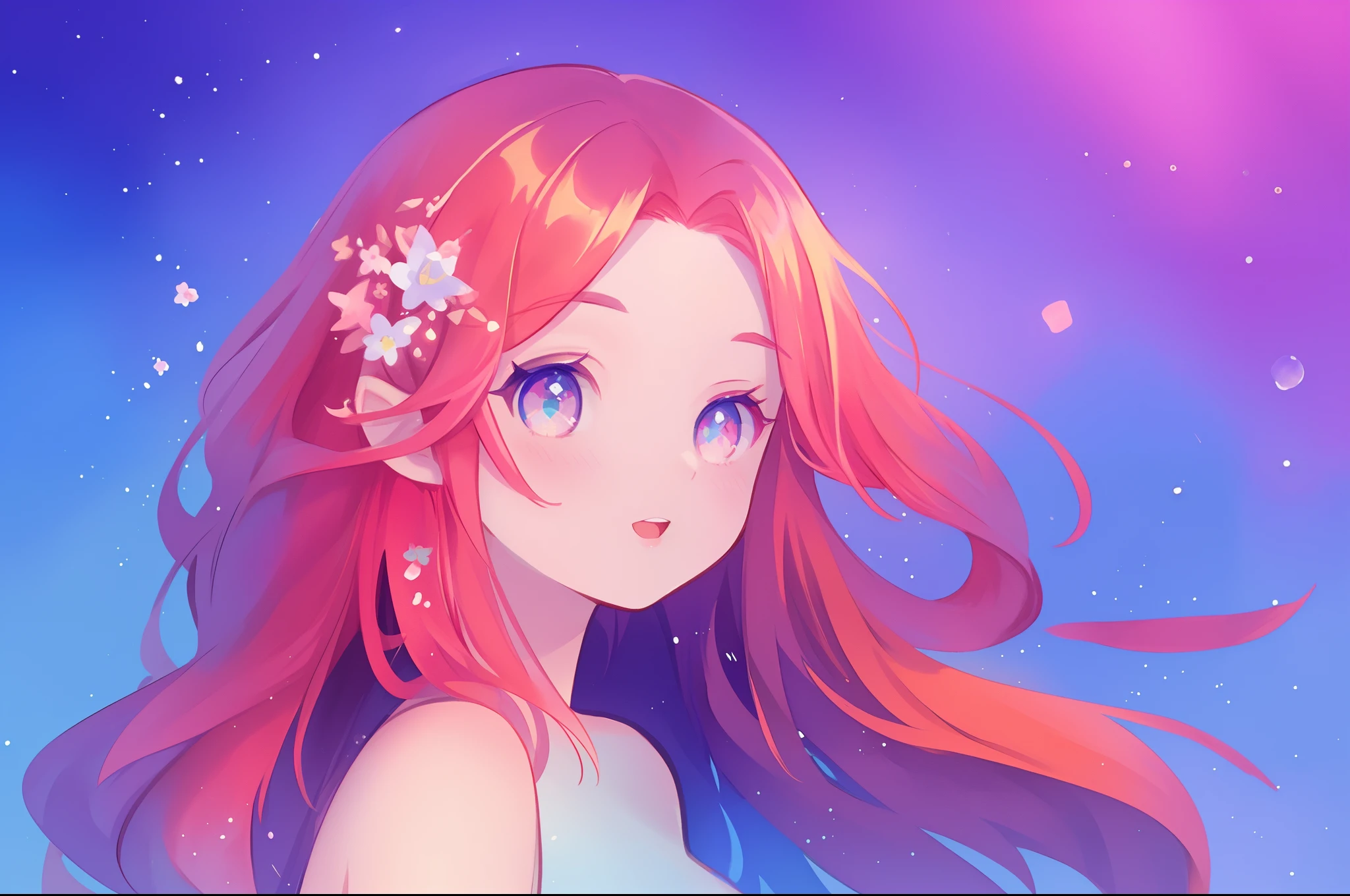 beautiful girl portrait, vibrant pastel colors, (colorful), magical lights, long flowing red hair, inspired by Glen Keane, inspired by Lois van Baarle, disney art style, by Lois van Baarle, glowing aura around her, by Glen Keane, jen bartel, glowing lights! digital painting, flowing glowing hair, glowing flowing hair, beautiful digital illustration, fantasia background, whimsical, magical, fantasy, beautiful face, ((masterpiece, best quality)), intricate details, highly detailed, sharp focus, 8k resolution, sparkling detailed eyes, liquid watercolor, golden ratio, flowers in her hair