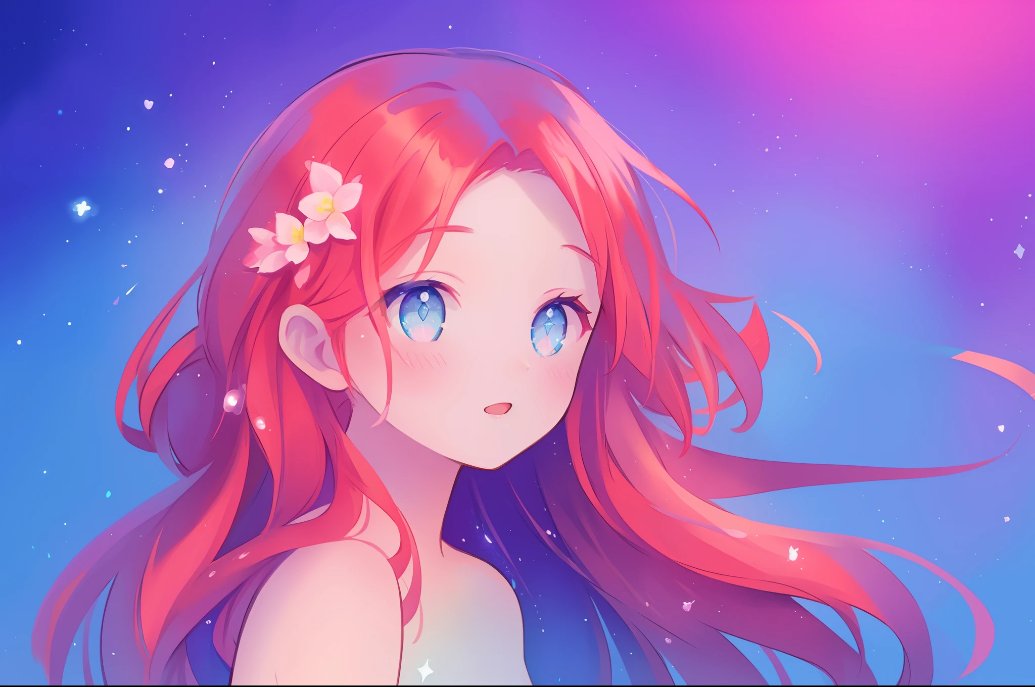 beautiful girl portrait, vibrant pastel colors, (colorful), magical lights, long flowing red hair, inspired by Glen Keane, inspired by Lois van Baarle, disney art style, by Lois van Baarle, glowing aura around her, by Glen Keane, jen bartel, glowing lights! digital painting, flowing glowing hair, glowing flowing hair, beautiful digital illustration, fantasia background, whimsical, magical, fantasy, beautiful face, ((masterpiece, best quality)), intricate details, highly detailed, sharp focus, 8k resolution, sparkling detailed eyes, liquid watercolor, golden ratio, flowers in her hair