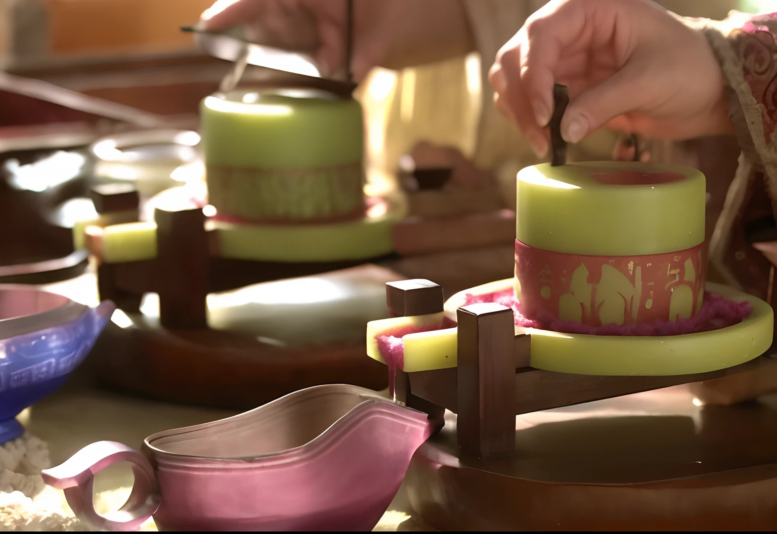 Two ancient palace maidens,It is being done in the way of stone grinding,Make spices,perfume,Balm, etc,China-style,ancient wind,production still, beautiful craftsmanship, Traditional craftsmanship,