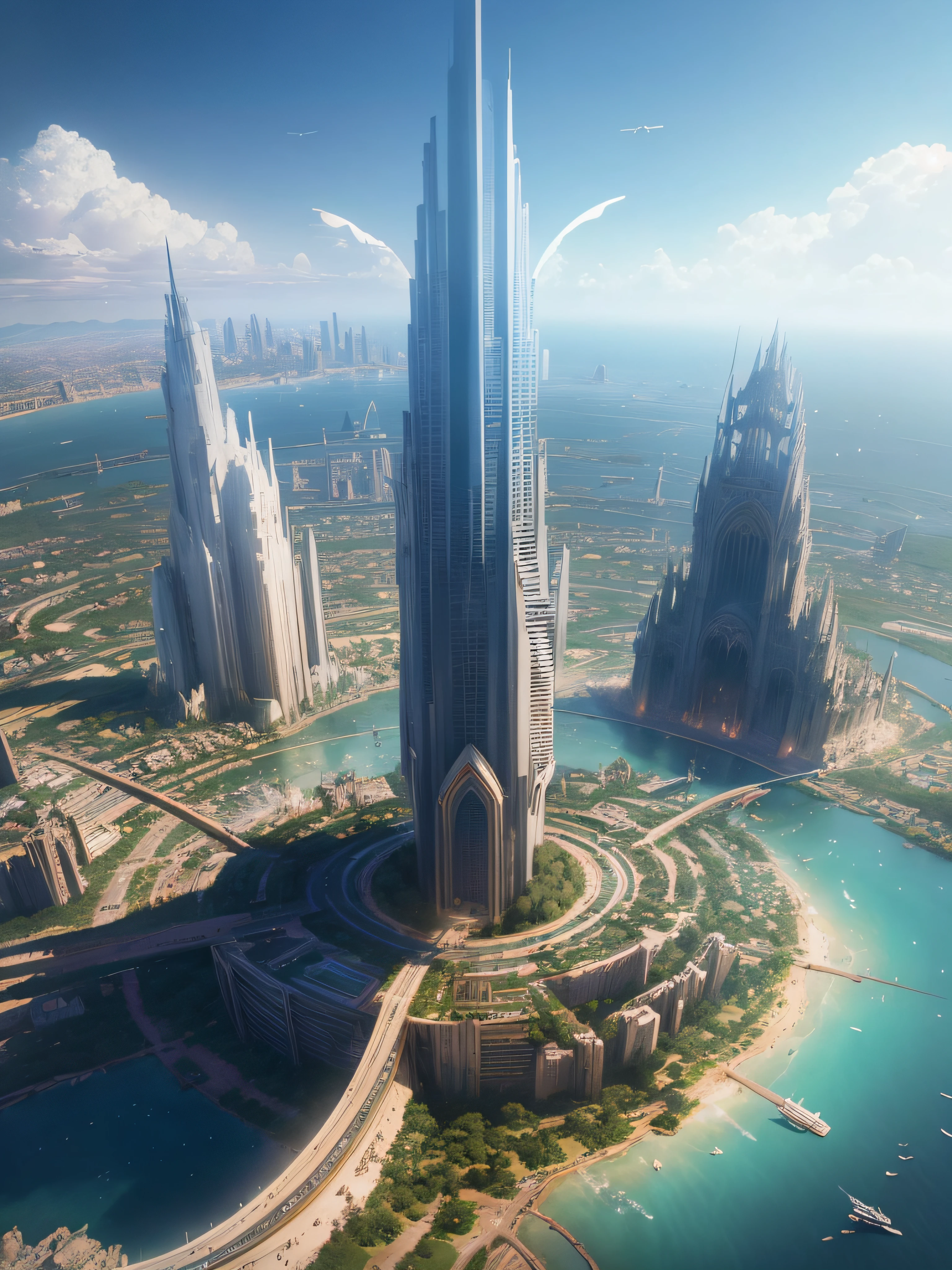 aerial view, stacked architecture city on giant towers and rings with many arches and bridges and sci-fi crystal cathedrals with flying buttresses, waterfalls, many boats and ships, a matte painting by james gurney, trending on cgsociety, oversaturated, ultra sharp, hyper realistic