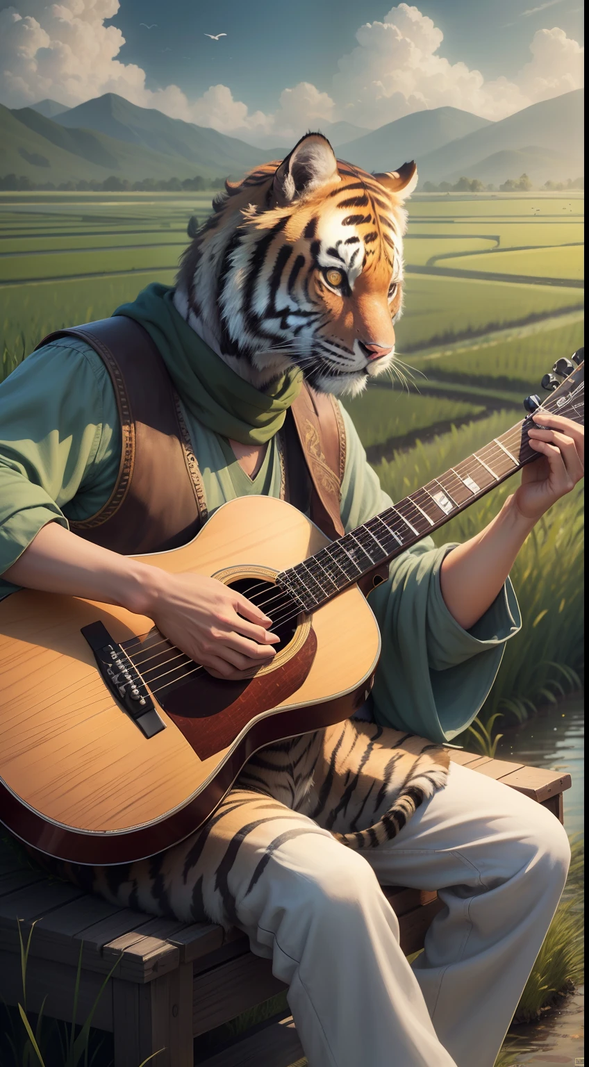 Photorealistic, 8k, cmyk+, tiger as a prince is playing acoustic guitar, on the edge of a rice field, some small birds are flying over him, ultra detail, fantasy world background, cinematic