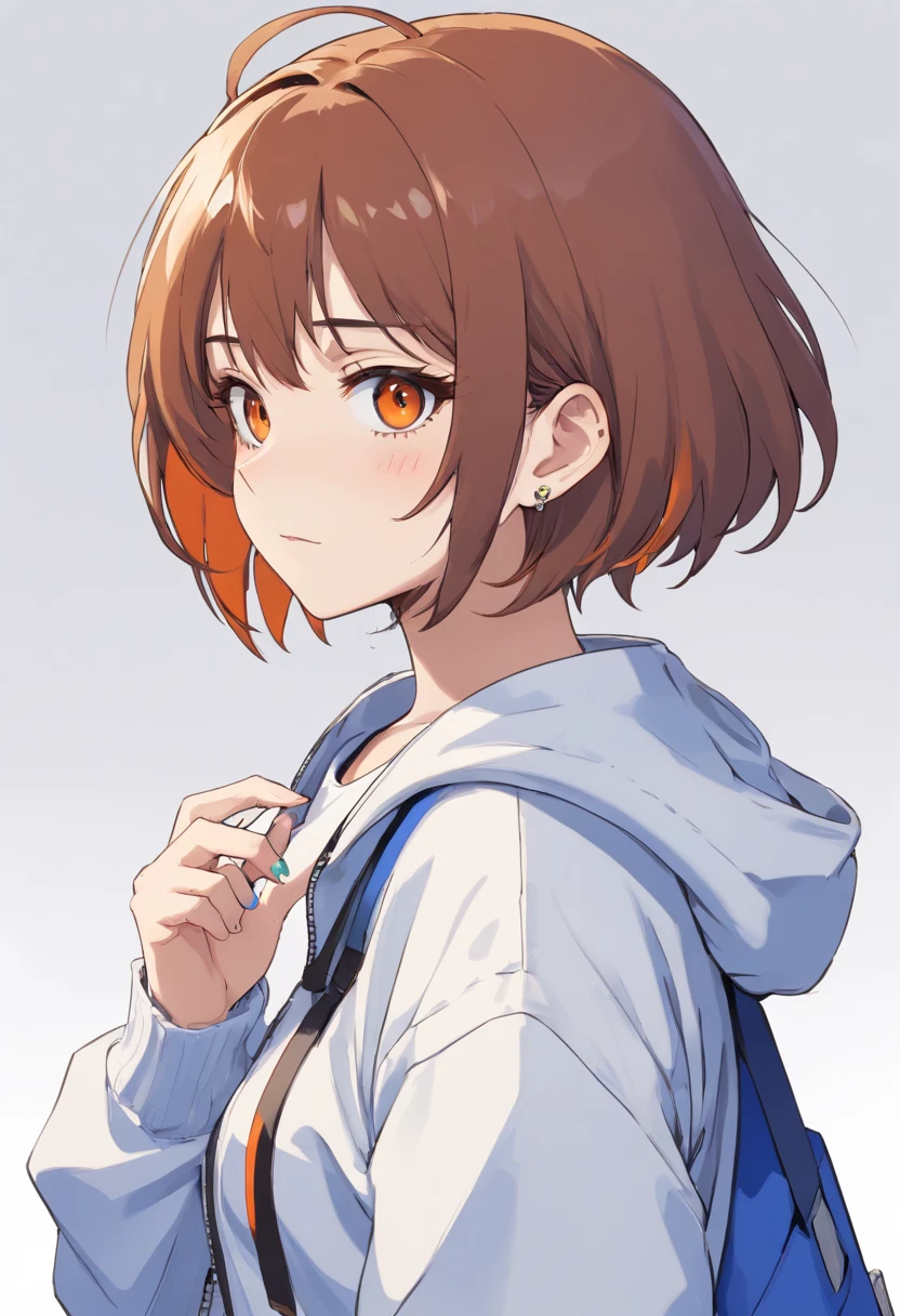 1girl, absurdres, bandaged_neck, Bandage, black_hoodie, black_mask, blue_archive, brown_hair, closed_mouth, collarbone, earrings, empty_eyes, halo, highres, hood, hood_down, hoodie, jacket, jacket_over_hoodie, jewelry, long_sleeves, looking_at_viewer, mask, mask_pull, misaki_(blue_archive), mouth_mask, open_clothes, open_jacket, orange_eyes, pouch, short_hair, simple, background, solo, stud_earrings, surgical_mask upper_body, white_background, white_jacket,