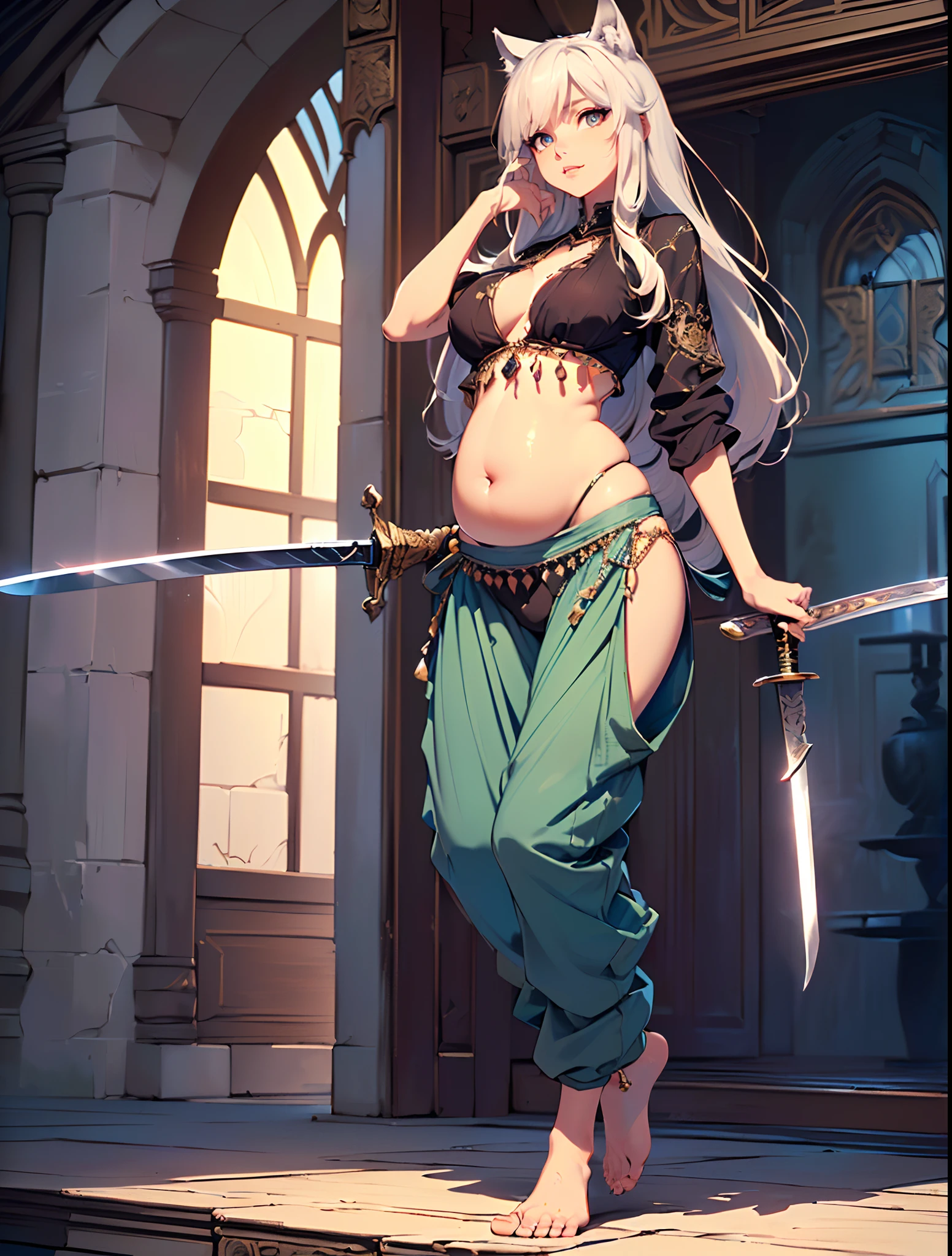 (best quality,4k,8k,highres,masterpiece:1.2),ultra-detailed, ((wolf girl)), ((cute)), ((perfect face)), ((expressive face)), (((full body))), ((perfect body)), (((standing pose))), (((big sword))), (((perfect sword))), (((detailed sword))), (((very baggy and long belly dance harem pants))), (((perfect pants))), (((detailed clothes))), (((bare feet))), ((fully detailed)),illustration,vivid colors