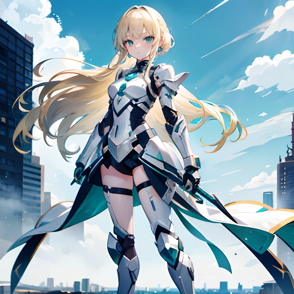 Blonde hair，Green eyes，long whitr hair，Princess cut hairstyle，Long hair with ball heads，adolable，teens girl，High-tech armor，equip，Weapon in hand，frontage，frontal photos，full-body photo on the front，All body，Background city，with blue sky and white clouds，