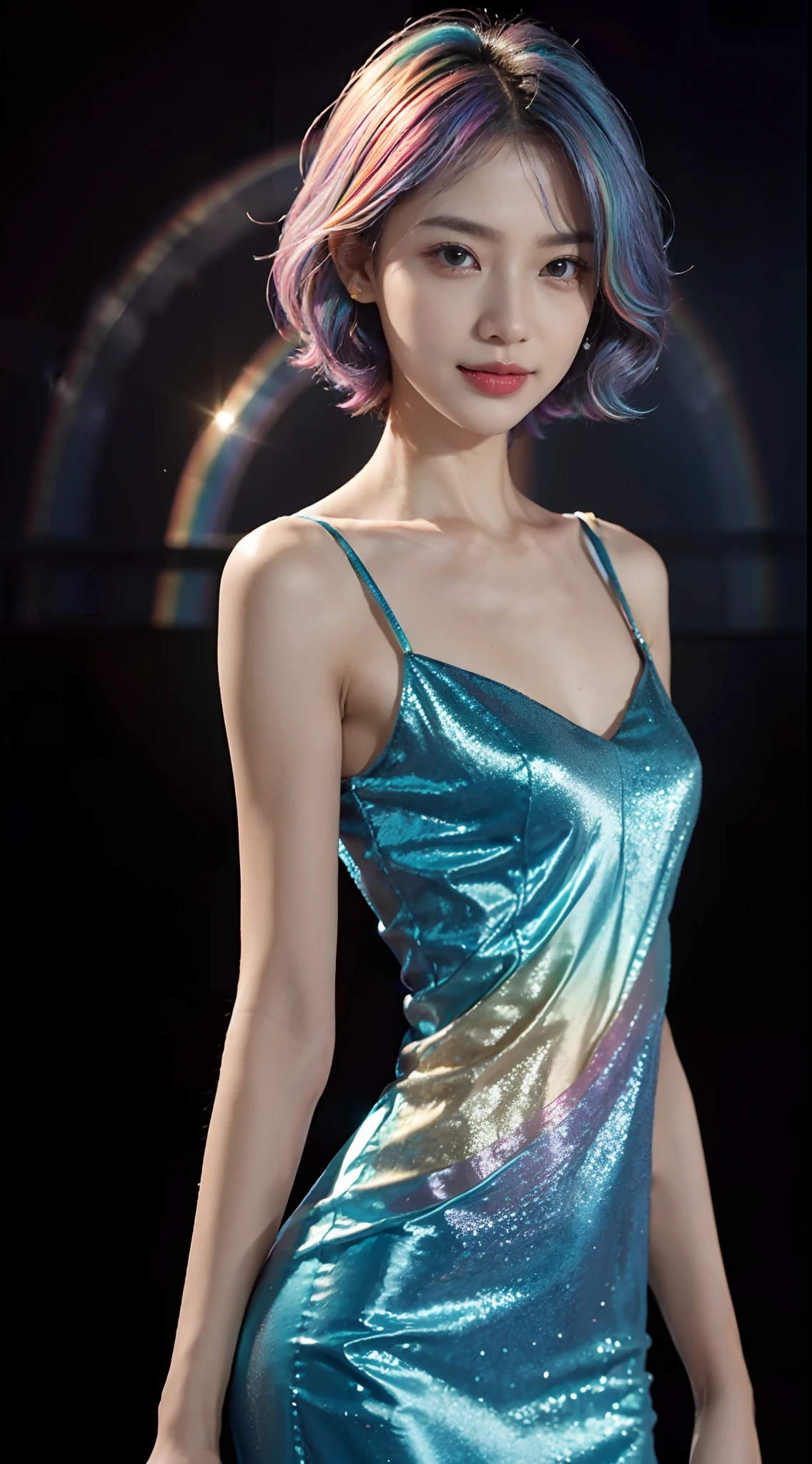 small head, (perfect bodies: 1.1), (short-length straight short hair: 1.2),(rainbow color hair:1.5) ,（极其细致的CG 8k壁纸），（Extremely refined and beautiful），（masterpiece:1.8），（best qualtiy：1.0），（超高分辨率：1.0），upper body，[A high resolution]，cheerfulness，Smile，Smooth and flawless fair skin，ultra - detailed,(Small breasts:1.1),Flat chest,Slim,thin,(Gorgeous Rainbow Princess Evening Dress:1.5),jewels,Teal background,from front，(Close shot:1.3),cowboy shot,(upperbody:1.3),bare shoulder,shoulder off,bare back,no bra,navel,(portrait:1.3),Huge skirt hem