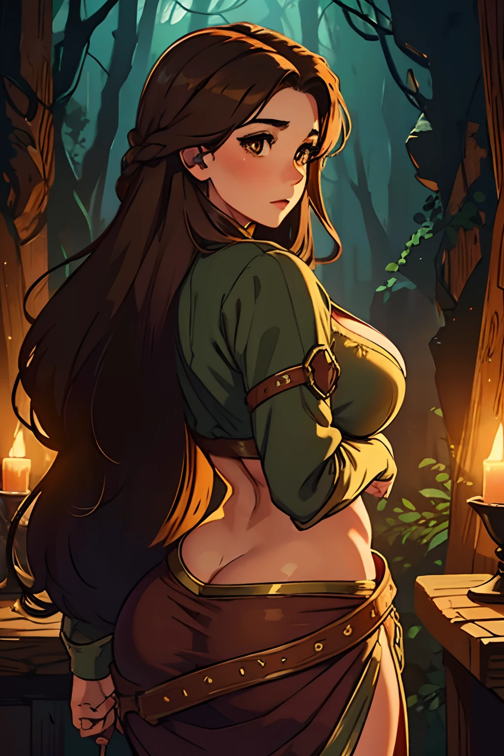 beautiful, lovely woman, brown hair, brown eyes, toned body, wild medieval clothing, big breasts, curvy buttocks, forest, long bob hair, illustration, ultra-detailed, realistic, vivid colors, soft lighting