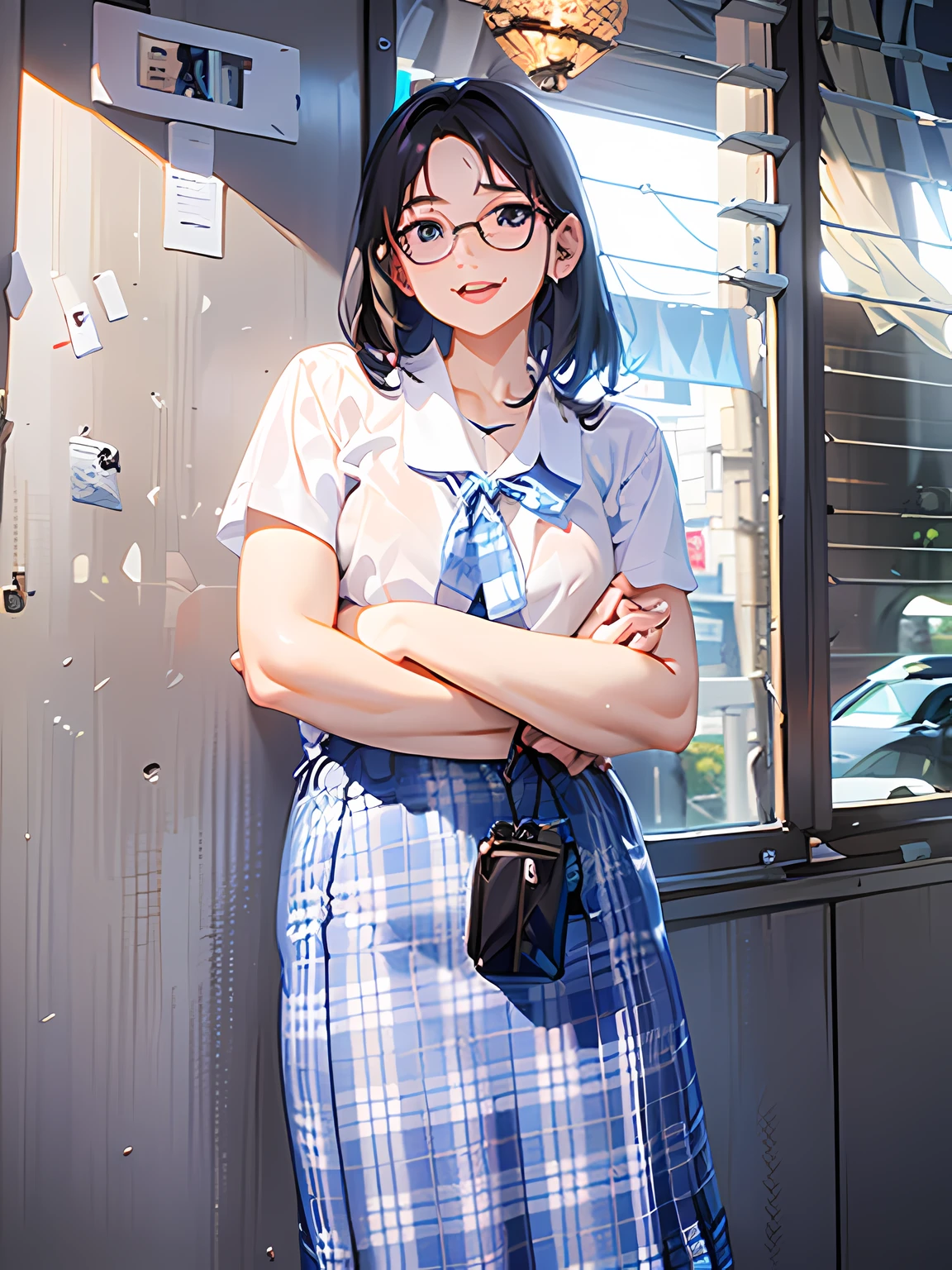 there is a woman standing in front of a window with a sign, 1 st winner, student, cindy avelino, full body shot, fullbody shot, wearing a white shirt and blue and white tartan skirt, !!Blue and White Tartan Skirt!!, frontshot, front profile!!!!, anime, anime stundent girl, in anime, hd