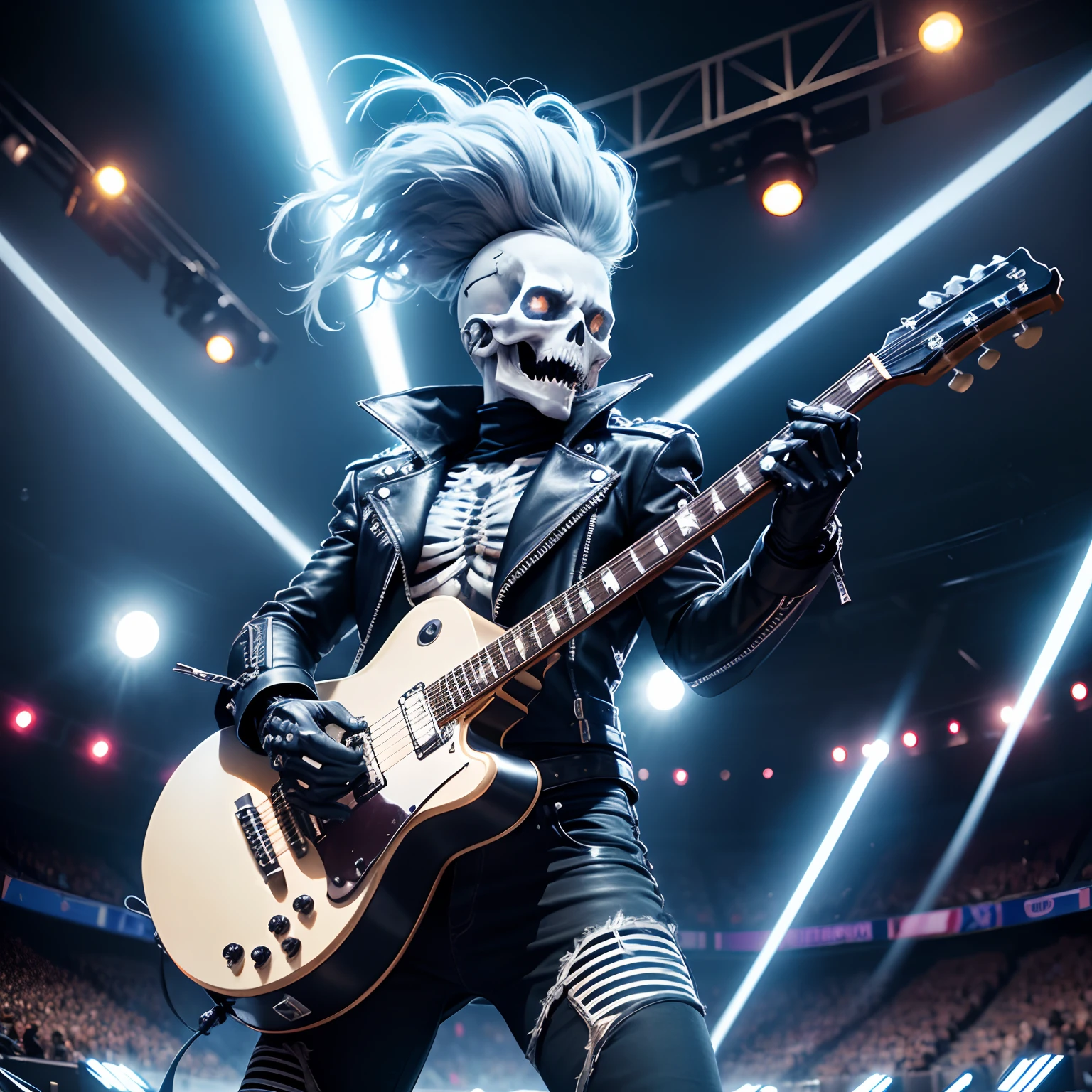 A skeleton with a metal hair style, at an performance stadium with an audience (lights) (waving arms) (playing guitar) (leather jacket) (gloves) (posing on stadium) (screaming) ( blue electricity going around him)(lightning stricking down) (fingers fixed)