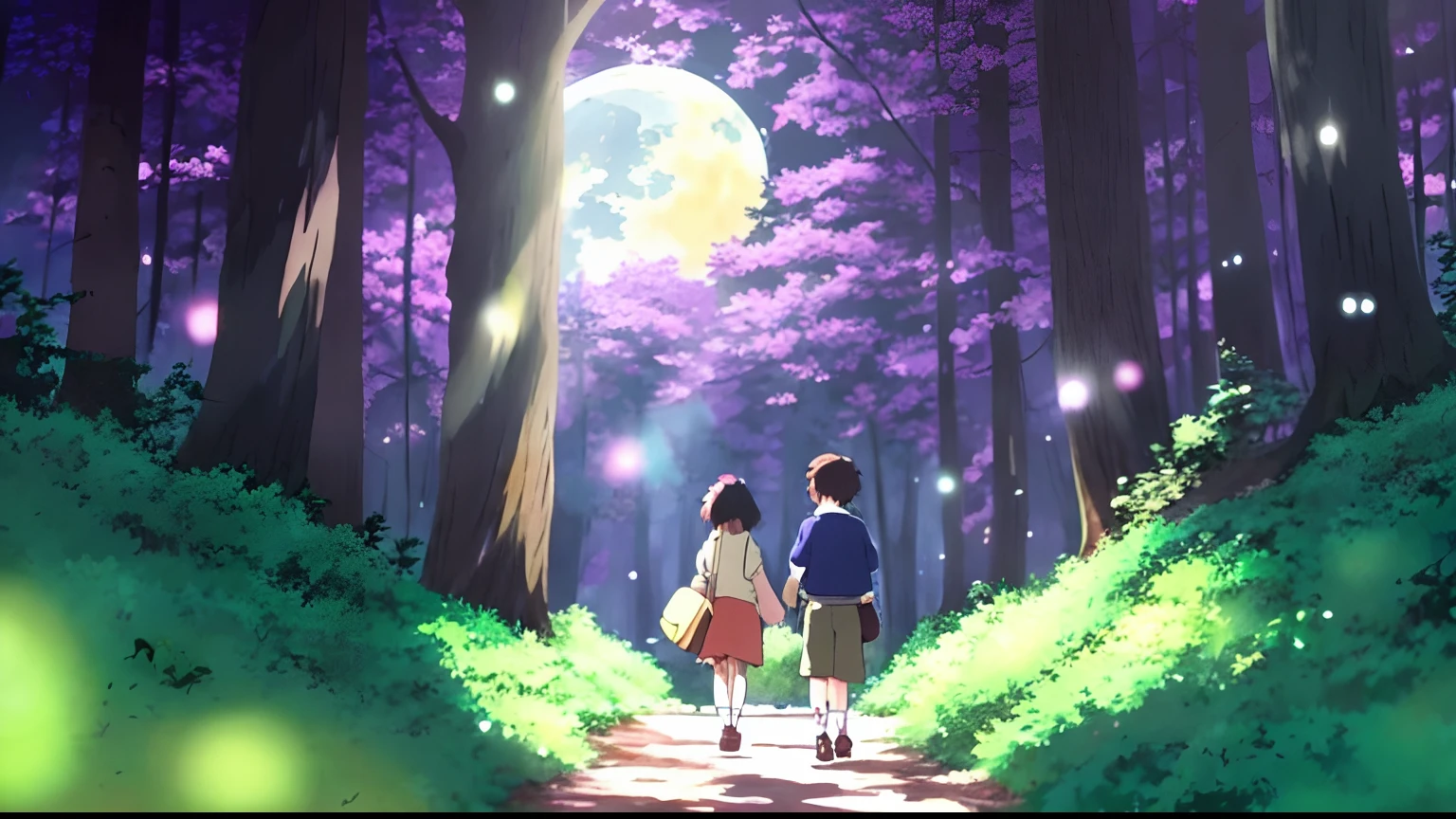 A 7-year-old boy and a 7-year-old girl walk on a path in the forest, Big moon,Moonlight fills the forest,Fireflies and elves are flying,anime lush john 8k woods, by Ghibli Studio, miyazaki movie, miyazaki's animated film, miyazaki movie, author:hiyao miyazaki, high quality anime movie still, in the studio ghibli anime film, official anime still, ghibli studio anime style, ghibli animated film