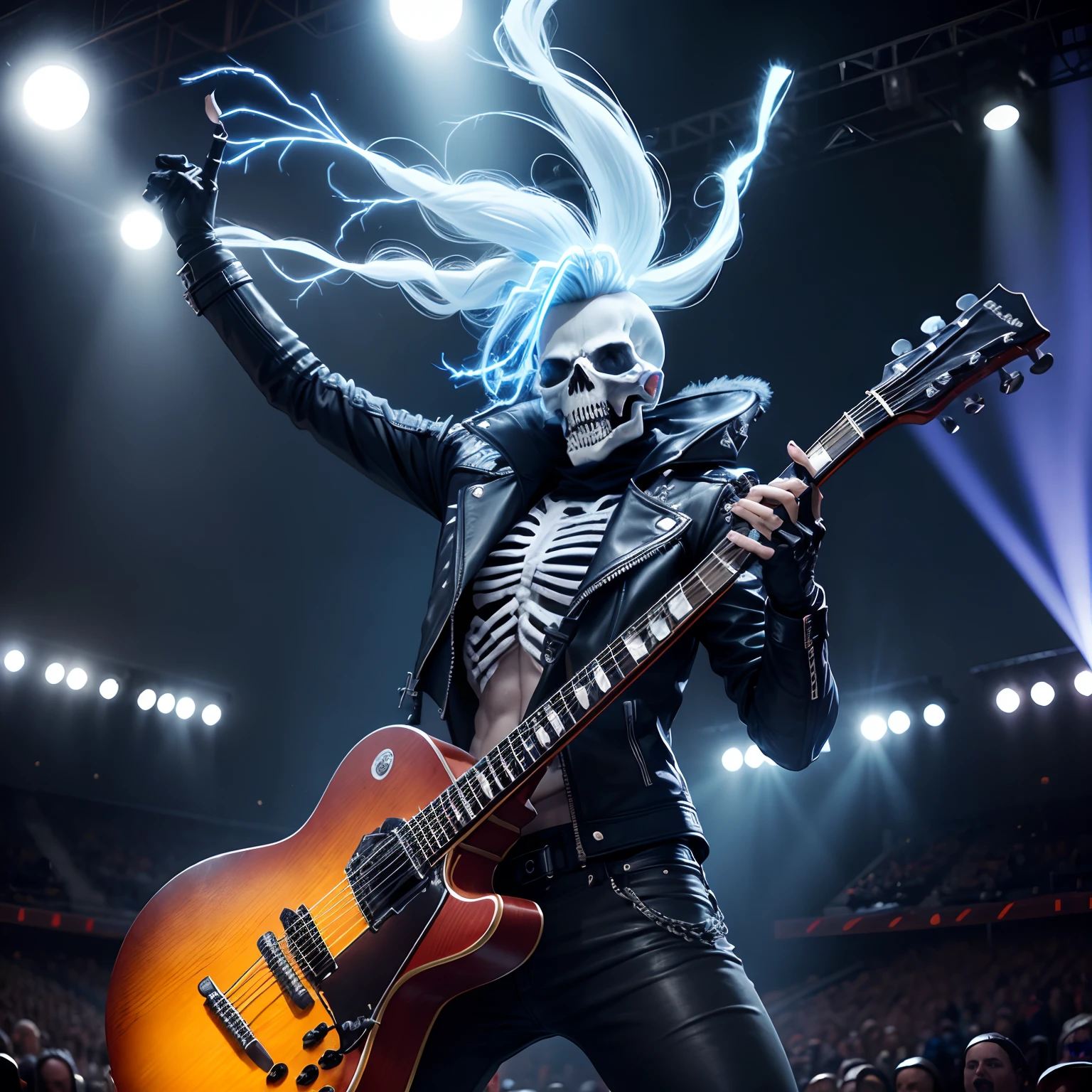 A skeleton with a metal hair style, at an performance stadium with an audience (lights) (waving arms) (playing guitar) (leather jacket) (gloves) (posing on stadium) (screaming) ( blue electricity going around him)(lightning stricking down) (fingers fixed)