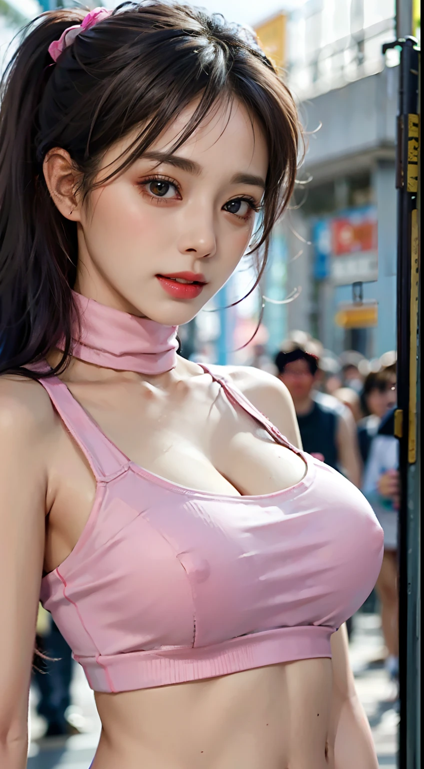 18-year-old schoolgirl, cute schoolgirl, beautiful girl, delicate and beautiful girl, delicate facial features, long-range portrait, 8K picture quality, extreme detail, detail portrayal, messy hair, (cute bangs), ponytail, flowing hair, black hair, slim face, perfect proportioned body, slim body, realism, super high resolution, master work 1, real texture, movie lighting realism, facial features, supple lips, ((pure desire makeup)), pure girl, first love, first love, shyness, Blush, shyness, innocent expression, summer, outdoors, ((street reality)), gaze at the camera, look at the viewer, (turtleneck sleeveless crop top), ((pink), leather wrapping, (????????????), sleeveless