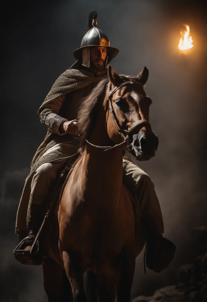 the leper king of Jerusalem, montado em um cavalo apenas com os joelhos, com sua Verdadeira Cruz ao fundo, symbolizing his victory in battle against Saladin, (Rembrandt Lighting), Primavera Zeiss, ultra realistic, (alto detalhe da pele: 1.2), 8k UHD, DSLR, Dramatic Rim light, alta qualidade, Fujifilm XT3