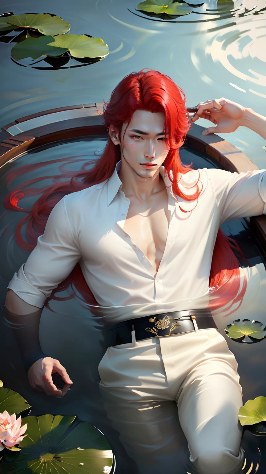 Chinese Realistic Illustration Handsome Man Handsome Realism BL Aesthetics Kpopbeauty Beautiful Wearing White Shirt Lying In Lotus Lake Water Sexy Red Hair Right Hand Is Over Head Blocking Sunlight High Quality Realism Seductive Digital Illustration