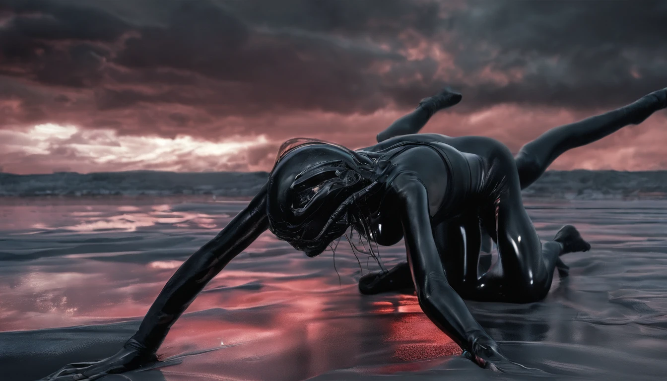 (masterpiece), best quality, (crawling nude woman), wearing (black patent high heels, naked, oiled ass, black latex stockings, black latex gloves) dramatic angle, extreme angle shot, low-angle shot, wide-angle shot, dark moody storm-clouds sky, lovecraftian,c'thulhu background