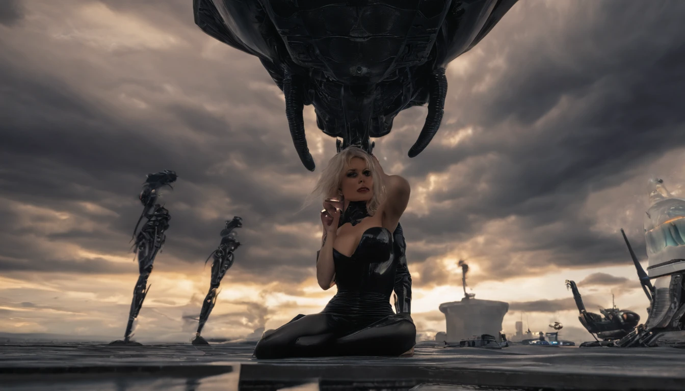 (masterpiece), best quality, (crawling nude woman), wearing (black patent high heels, naked, oiled ass, black latex stockings, black latex gloves) dramatic angle, extreme angle shot, low-angle shot, wide-angle shot, dark moody storm-clouds sky, lovecraftian,c'thulhu background