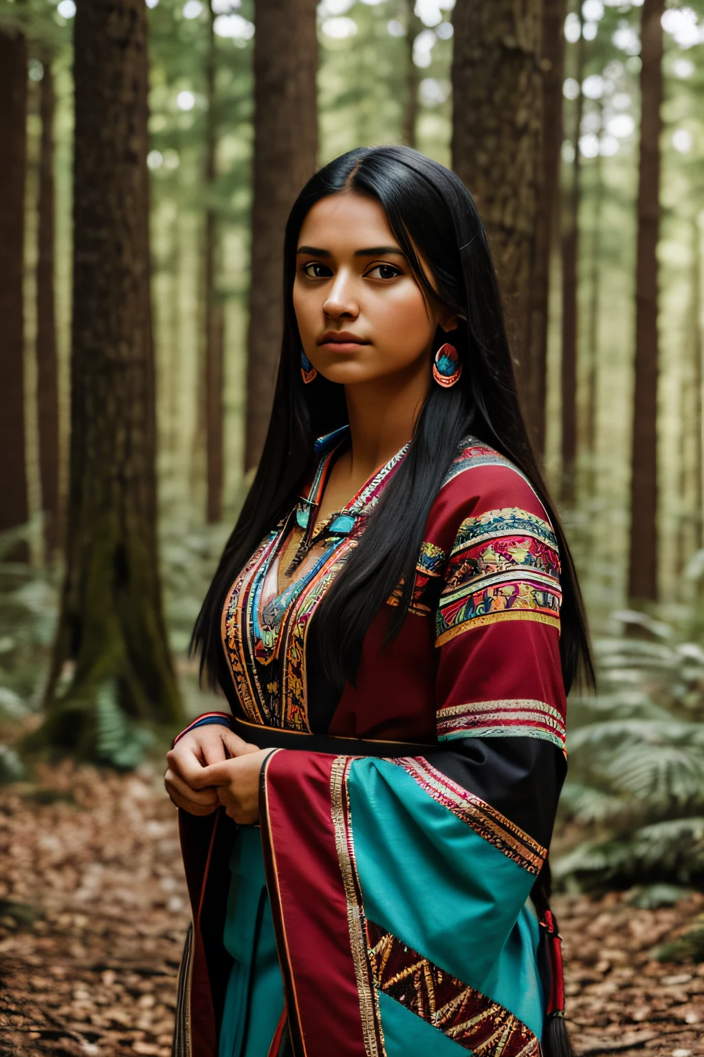 Native American princess dressed in a white dress, braided hair, couronne de cercle, bottes. Elle embrasse un jeune homme vêtu de rouge, d'une plume sur la tête. Il a des cheveux longs, des mocassins.