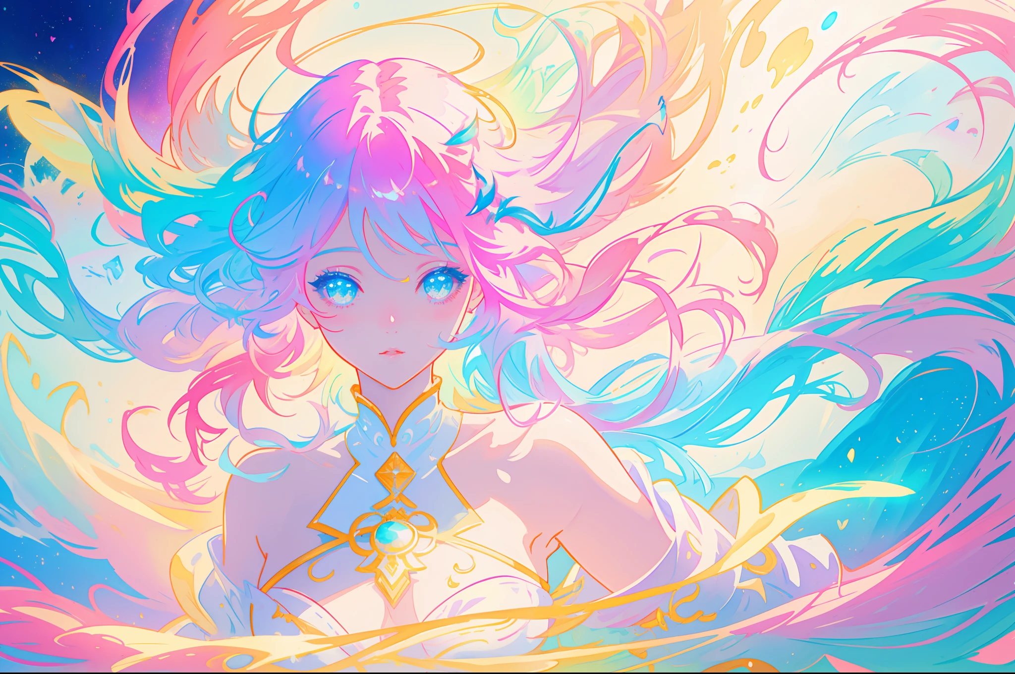 beautiful anime girl, , vibrant pastel colors, (colorful), magical lights, long flowing colorful hair, inspired by Glen Keane, inspired by Lois van Baarle, disney art style, by Lois van Baarle, glowing aura around her, by Glen Keane, jen bartel, glowing lights! digital painting, flowing glowing hair, glowing flowing hair, beautiful digital illustration, fantasia background, whimsical, magical, fantasy, beautiful face, ((masterpiece, best quality)), intricate details, highly detailed, sharp focus, 8k resolution, sparkling detailed eyes, liquid watercolor