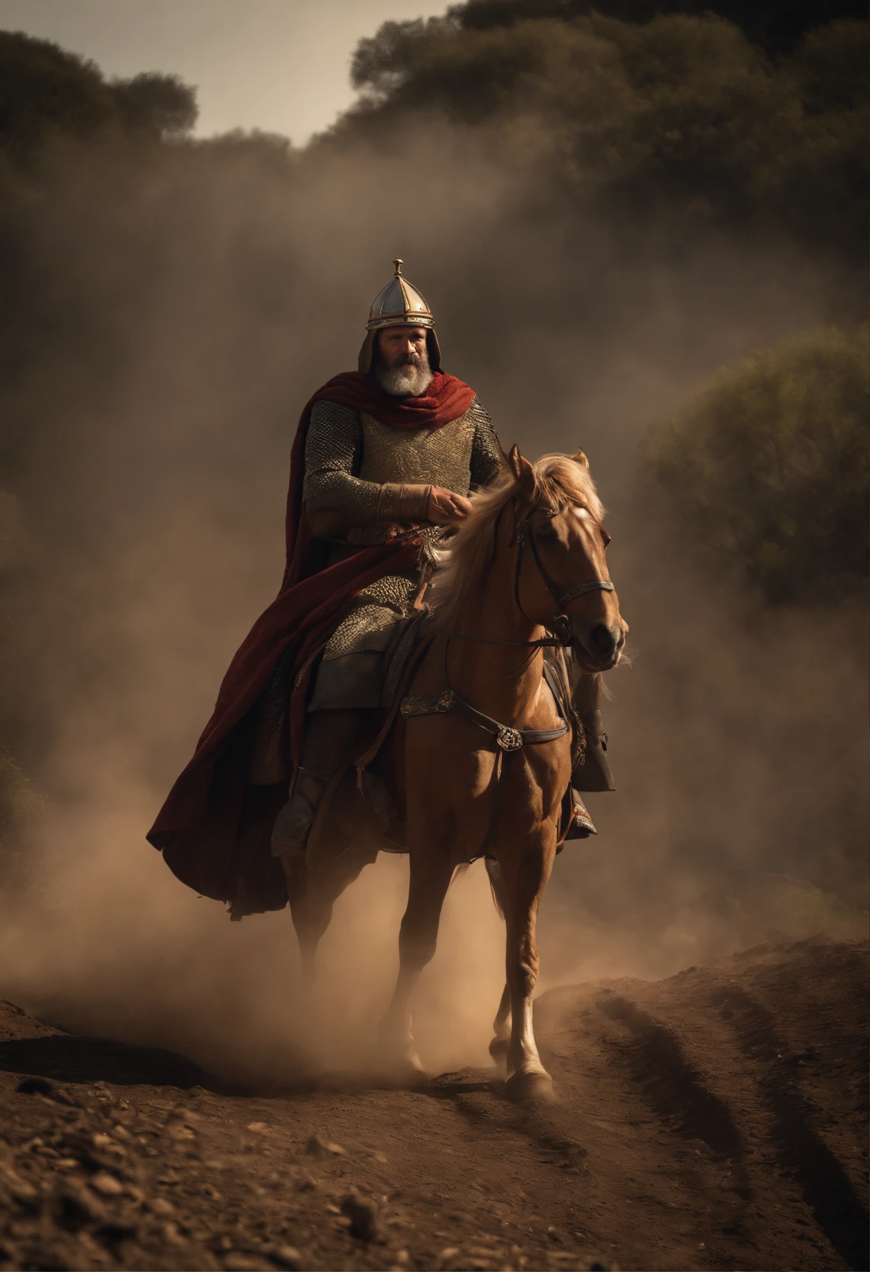 the leper king of Jerusalem, montado em um cavalo apenas com os joelhos, com sua Verdadeira Cruz ao fundo, symbolizing his victory in battle against Saladin, (Rembrandt Lighting), Primavera Zeiss, ultra realistic, (alto detalhe da pele: 1.2), 8k UHD, DSLR, Dramatic Rim light, alta qualidade, Fujifilm XT3