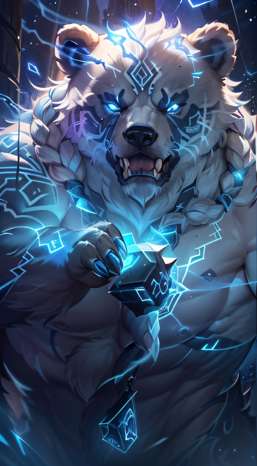 (masterpiece, 4k ,ultra detailed:1.2),(fantasy:1.2),illustration,(realistic:1),(photorealistic:1),
(Volibear, the champion from League of Legends:1.6),
(braided long white hair that ends with long black runes decorated with glowing blue nordic inscription, very long fur:1.6),(roaring with open mouth:1.3),(white bear with blue eyes and a glowing light on its face, Long fur surrounding his face:1.4),
(musculous body, furry body, blue rays coming out of eyes,rays surrounding around,giant bear, tribal tattoos:1.3),
(forest, night, lighted mushrooms, fireflies:1.2), (thunder aura surrounding him:1.2)