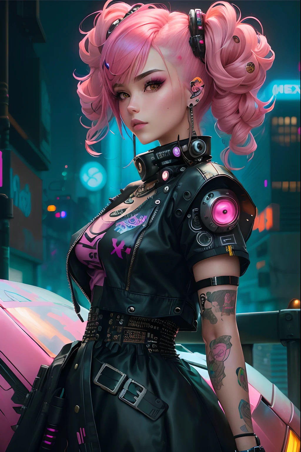 Un primer plano de una mujer con el pelo rosa y una peluca rosa, Obras de arte al estilo de Guweiz, dreamy cyberpunk girl, Estilo de arte cyberpunk, Chica de anime cyberpunk, Anime Arte cyberpunk, alice in wonderland cyberpunk, Estilo cyberpunk hiperrealista, Digital Cyberpunk - Arte Anime, Estilo de cyberpunk, Linda chica con cabello corto y rosado, Chica femenina de anime cyberpunk