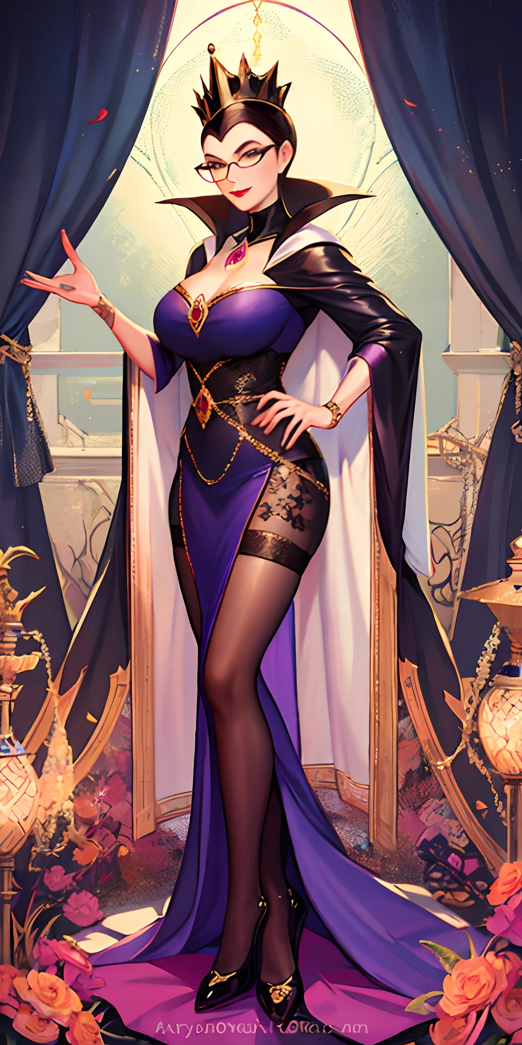 Evil Queen, Wimple, Coif, A classy and sophisticated teacher wearing glasses playfully dresses up as an office lady with a short skirt and black stockings, Masterpiece, best quality,