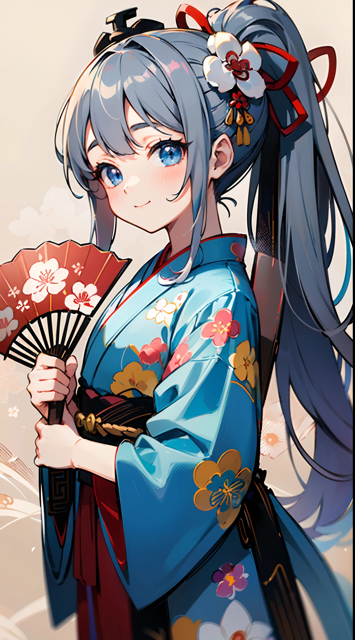 Masterpiece, super-high-resolution, cute girl, half-body, Chinese ancient style, gray long hair, red kimono, flowing long hair, double ponytail, flower embellishment, blue eyes, hairpin, cute little loli, cute cute cute, thick paint, gentle smile, holding a fan